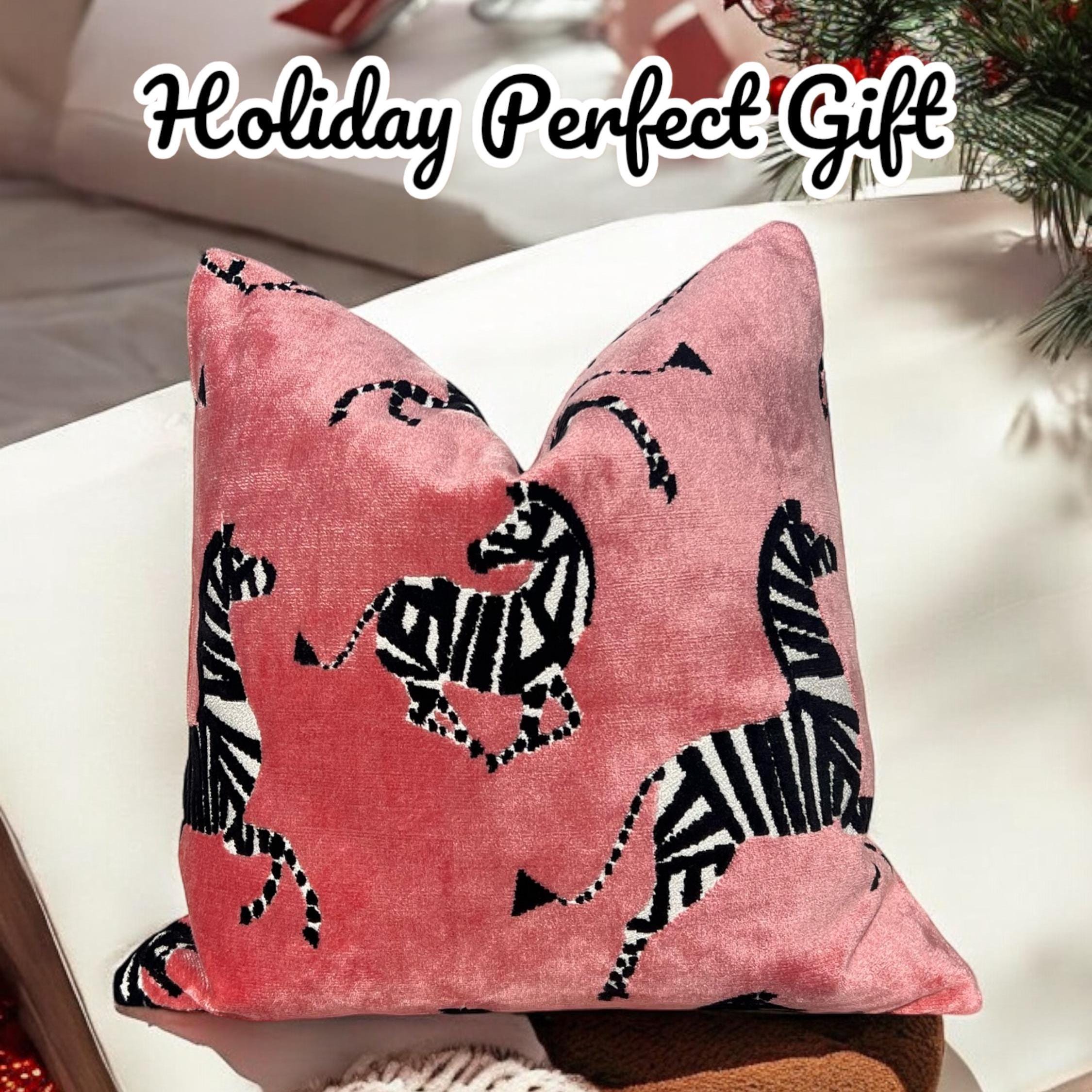 Zebra Velvet Pillow in Pink, Luxe Designer Throw Pillow, Bold Animal Print Cushion, Safari-Inspired Home Decor