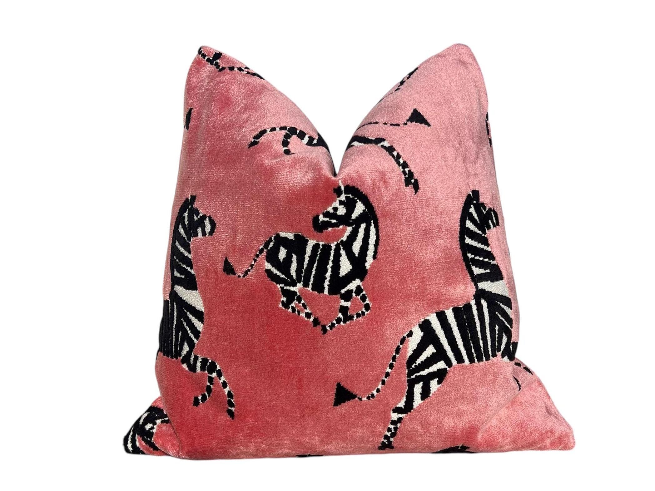 Zebra Velvet Pillow in Pink, Luxe Designer Throw Pillow, Bold Animal Print Cushion, Safari-Inspired Home Decor
