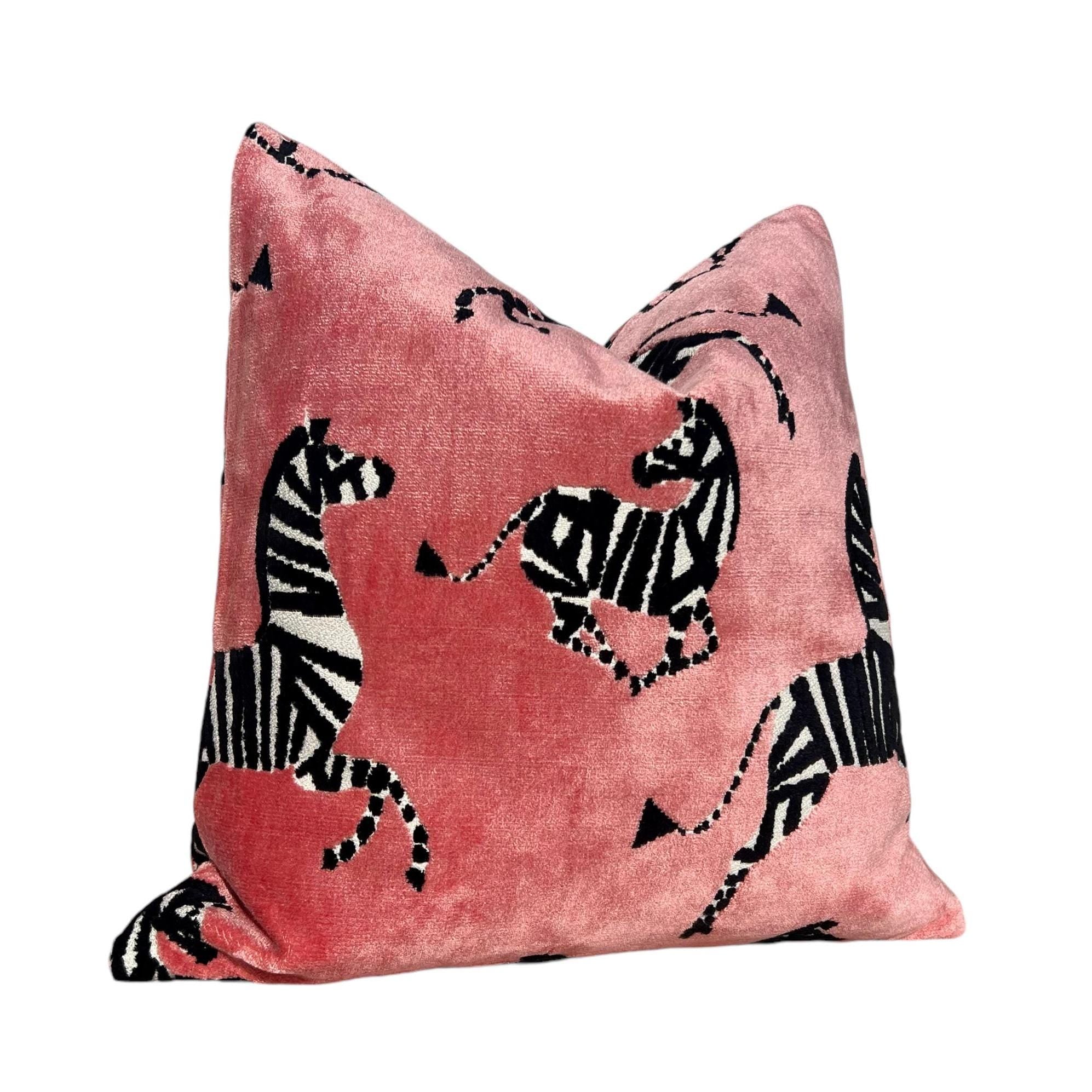Zebra Velvet Pillow in Pink, Luxe Designer Throw Pillow, Bold Animal Print Cushion, Safari-Inspired Home Decor