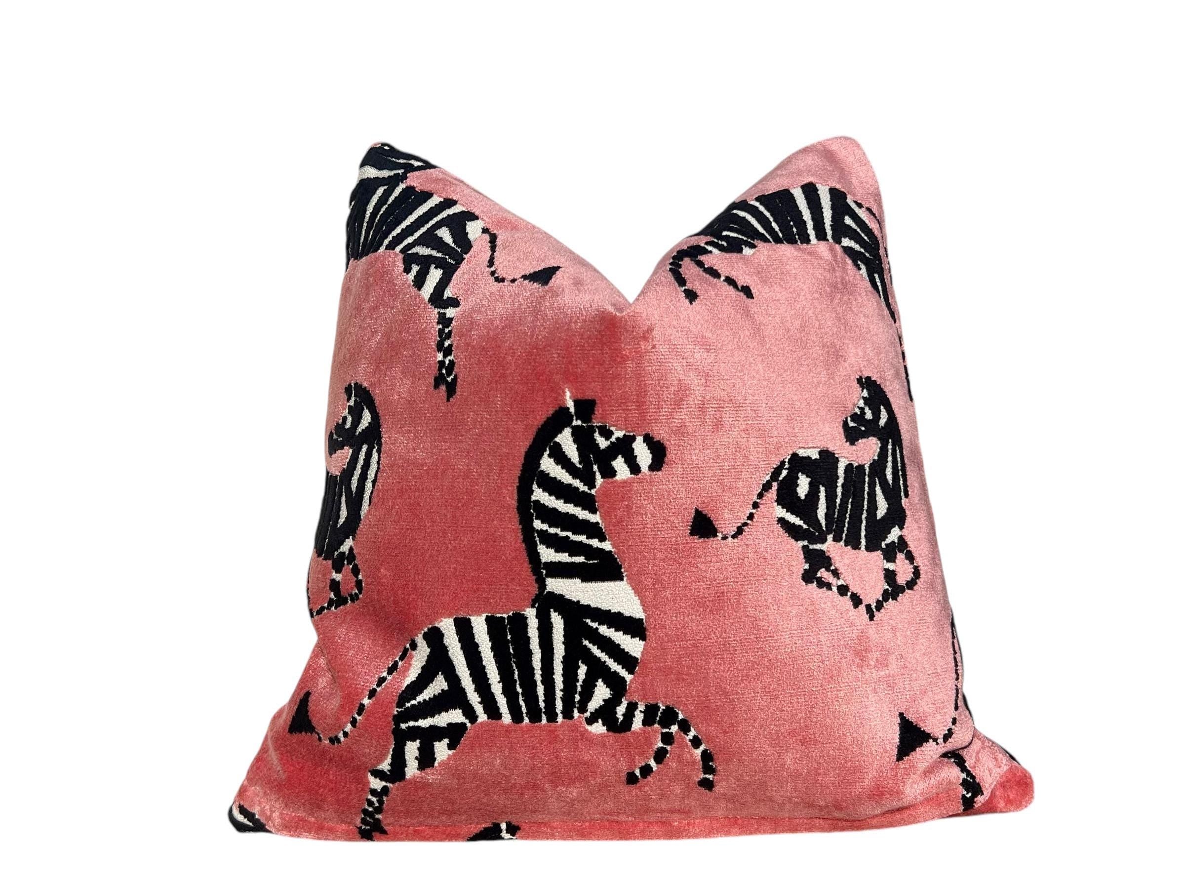 Zebra Velvet Pillow in Pink, Luxe Designer Throw Pillow, Bold Animal Print Cushion, Safari-Inspired Home Decor
