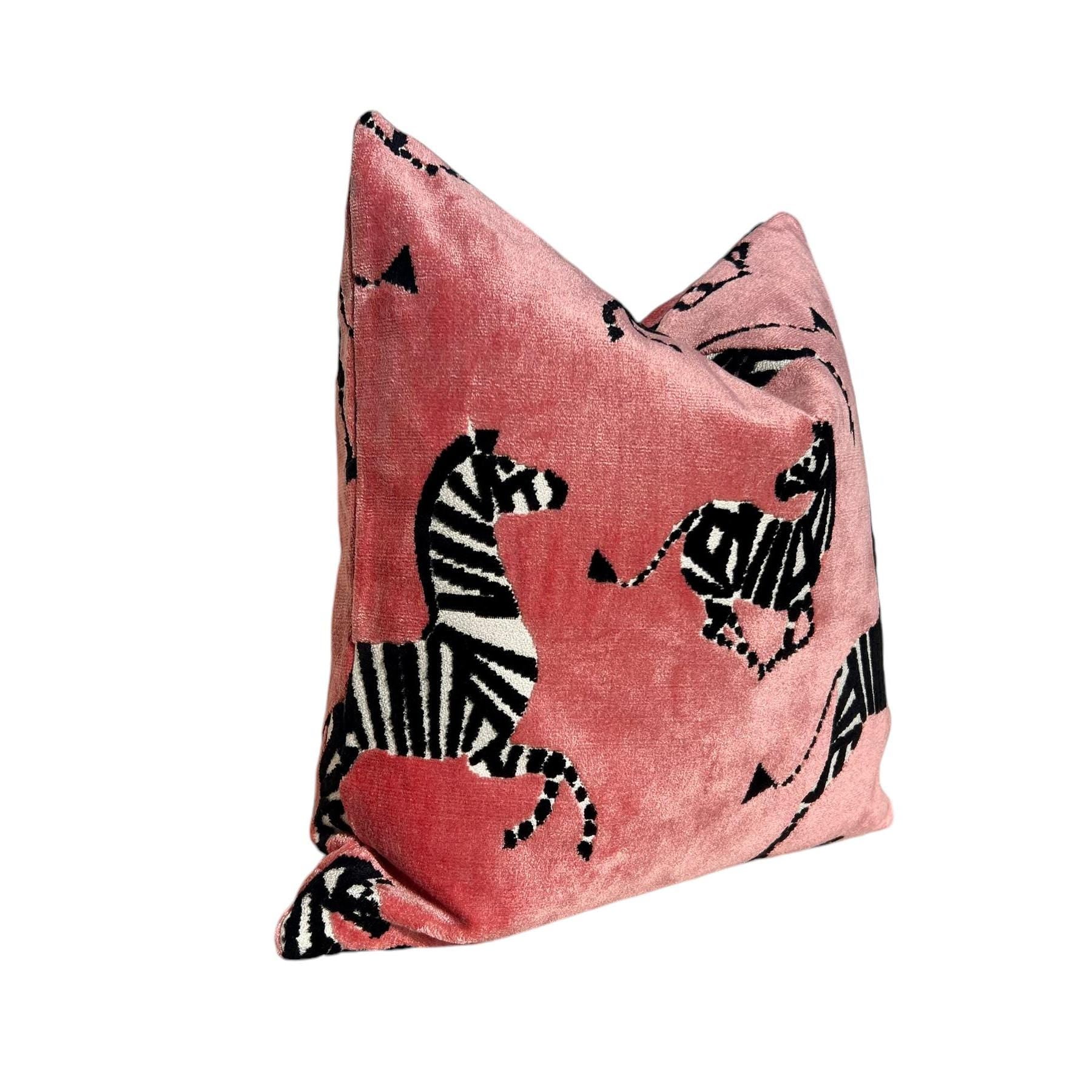 Zebra Velvet Pillow in Pink, Luxe Designer Throw Pillow, Bold Animal Print Cushion, Safari-Inspired Home Decor