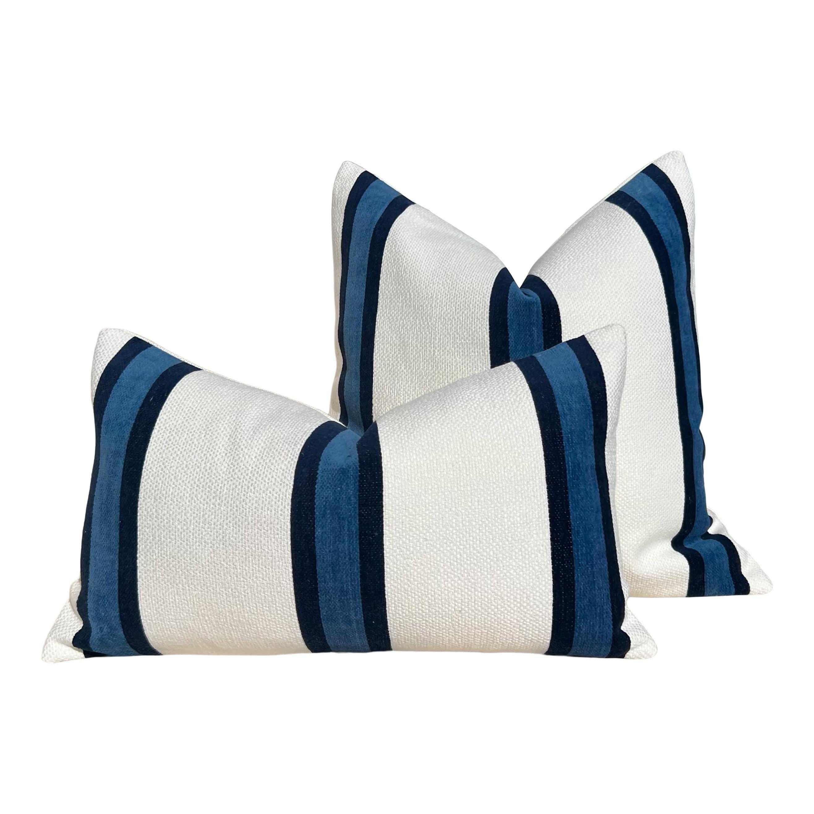 Abito Stripe Woven Pillow in White and Navy, Textured Decorative Throw Pillow, Coastal Home Decor Accent, Blue Modern Cushions