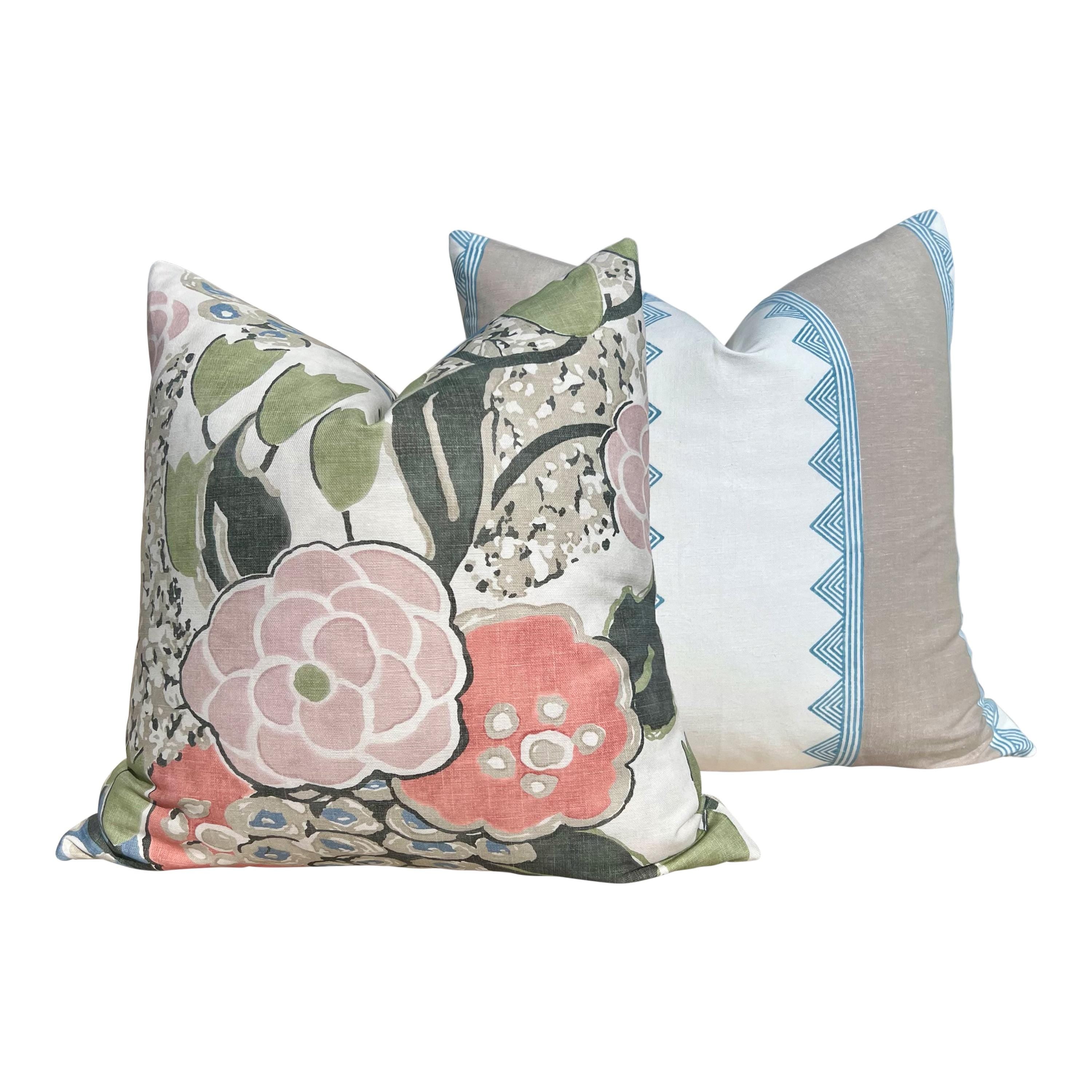 Thibaut Laura Pillow Cover in Blush and Green – Linen Floral Decorative Throw Pillow, Bold Floral Cushion, Designer Home Décor Accent