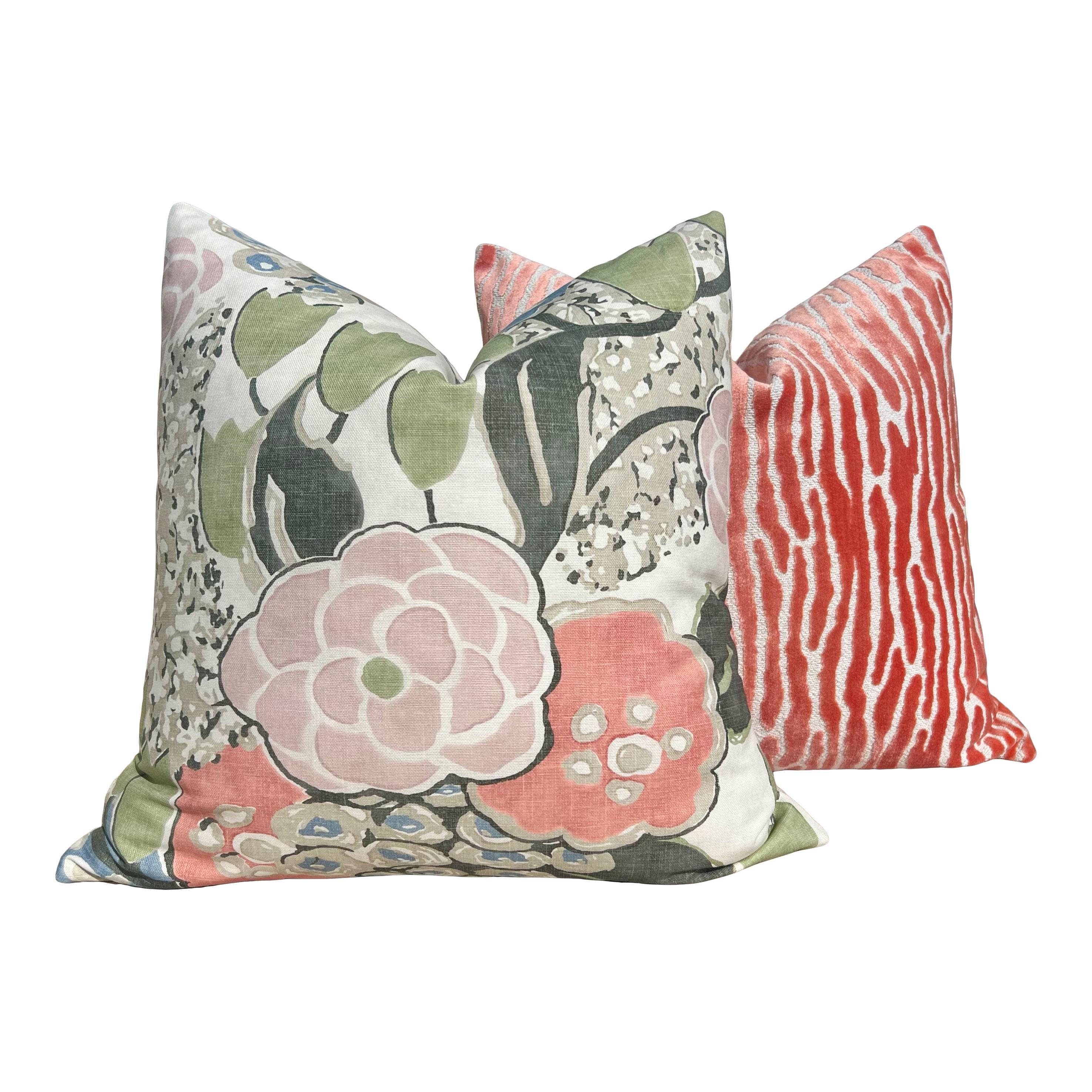 Thibaut Laura Pillow Cover in Blush and Green – Linen Floral Decorative Throw Pillow, Bold Floral Cushion, Designer Home Décor Accent