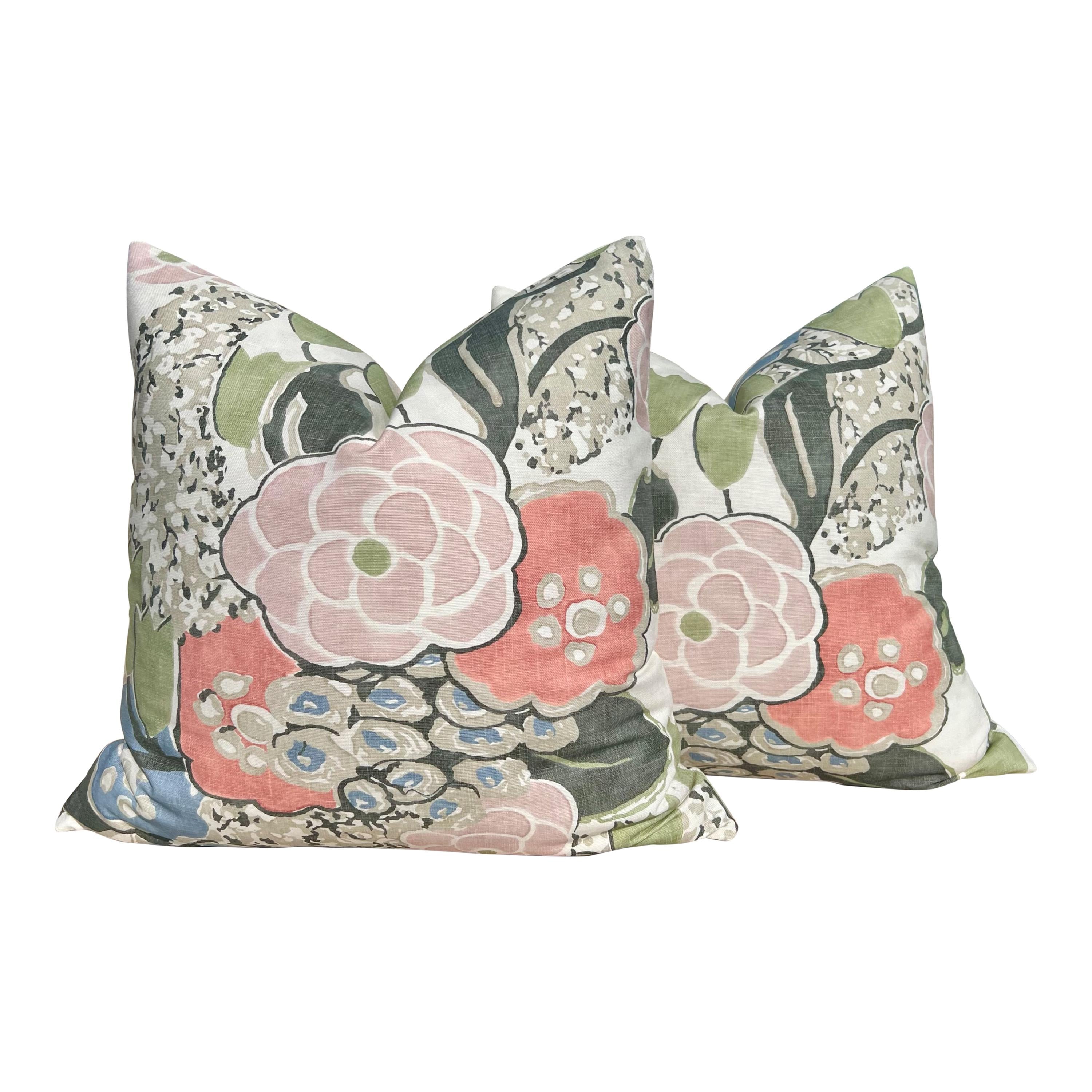 Thibaut Laura Pillow Cover in Blush and Green – Linen Floral Decorative Throw Pillow, Bold Floral Cushion, Designer Home Décor Accent