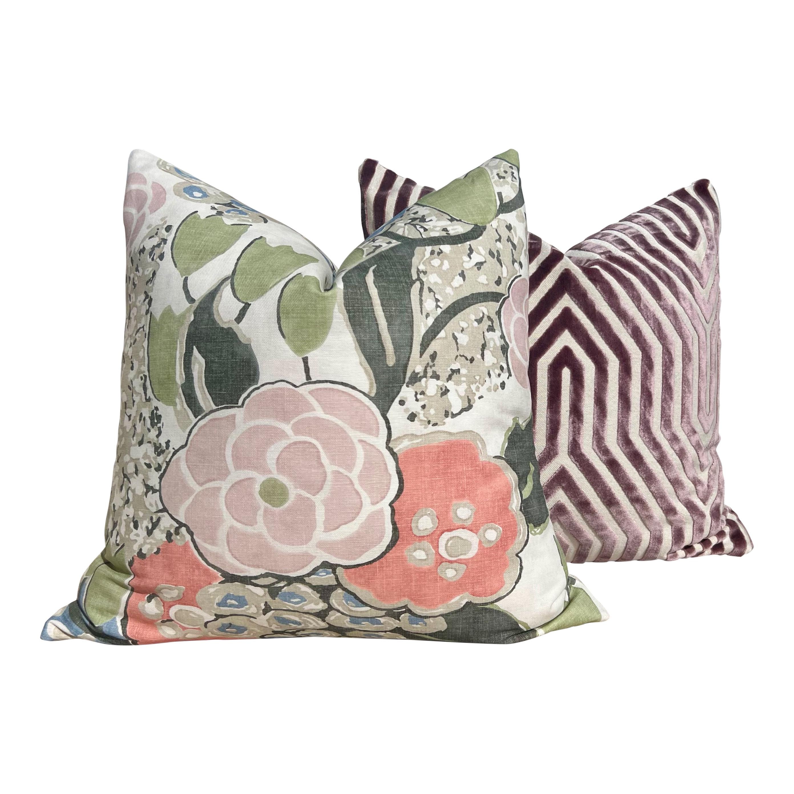 Thibaut Laura Pillow Cover in Blush and Green – Linen Floral Decorative Throw Pillow, Bold Floral Cushion, Designer Home Décor Accent