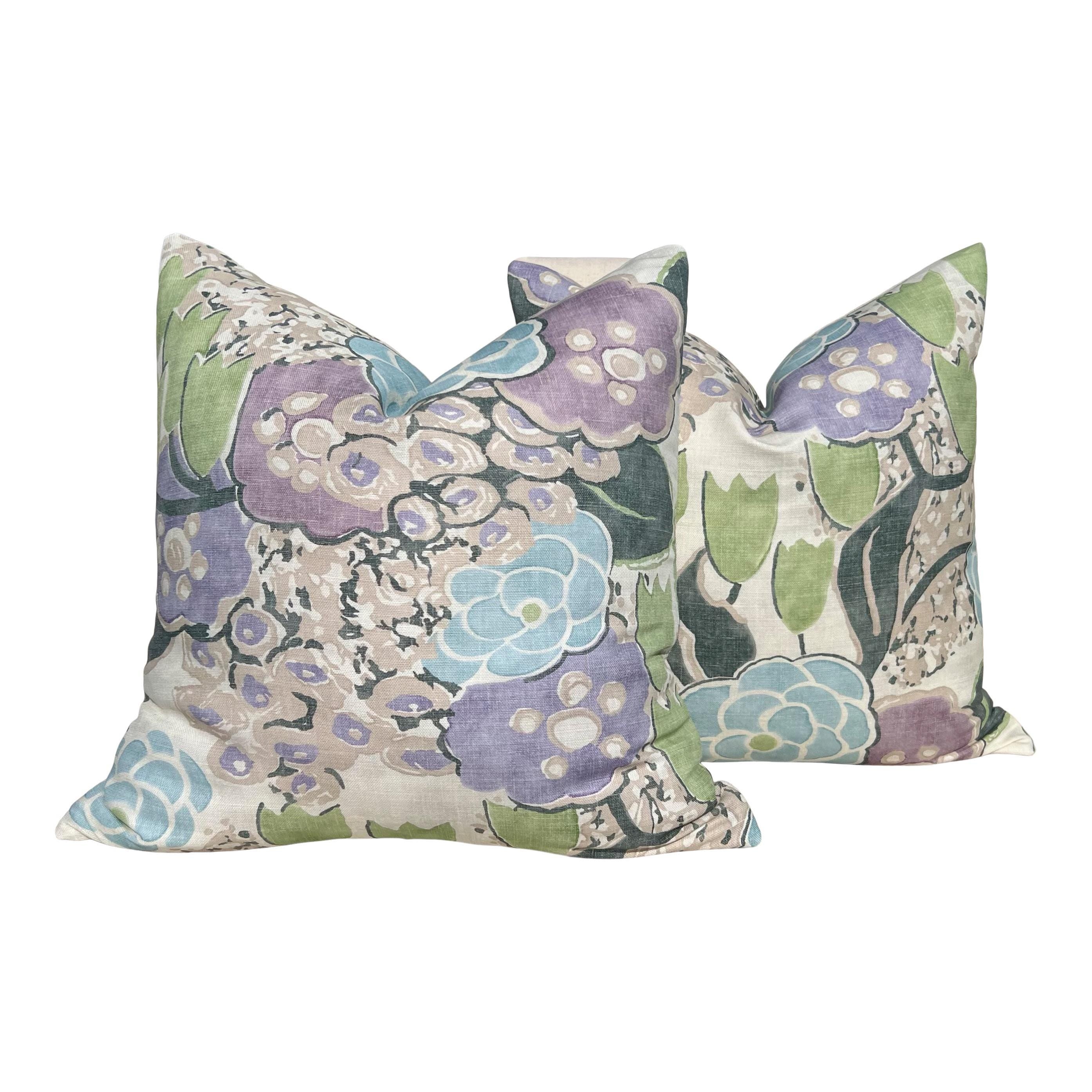Thibaut Laura Pillow Cover in Lavender and Green – Linen Floral Decorative Throw Pillow, Bold Floral Cushion, Designer Home Décor Accent