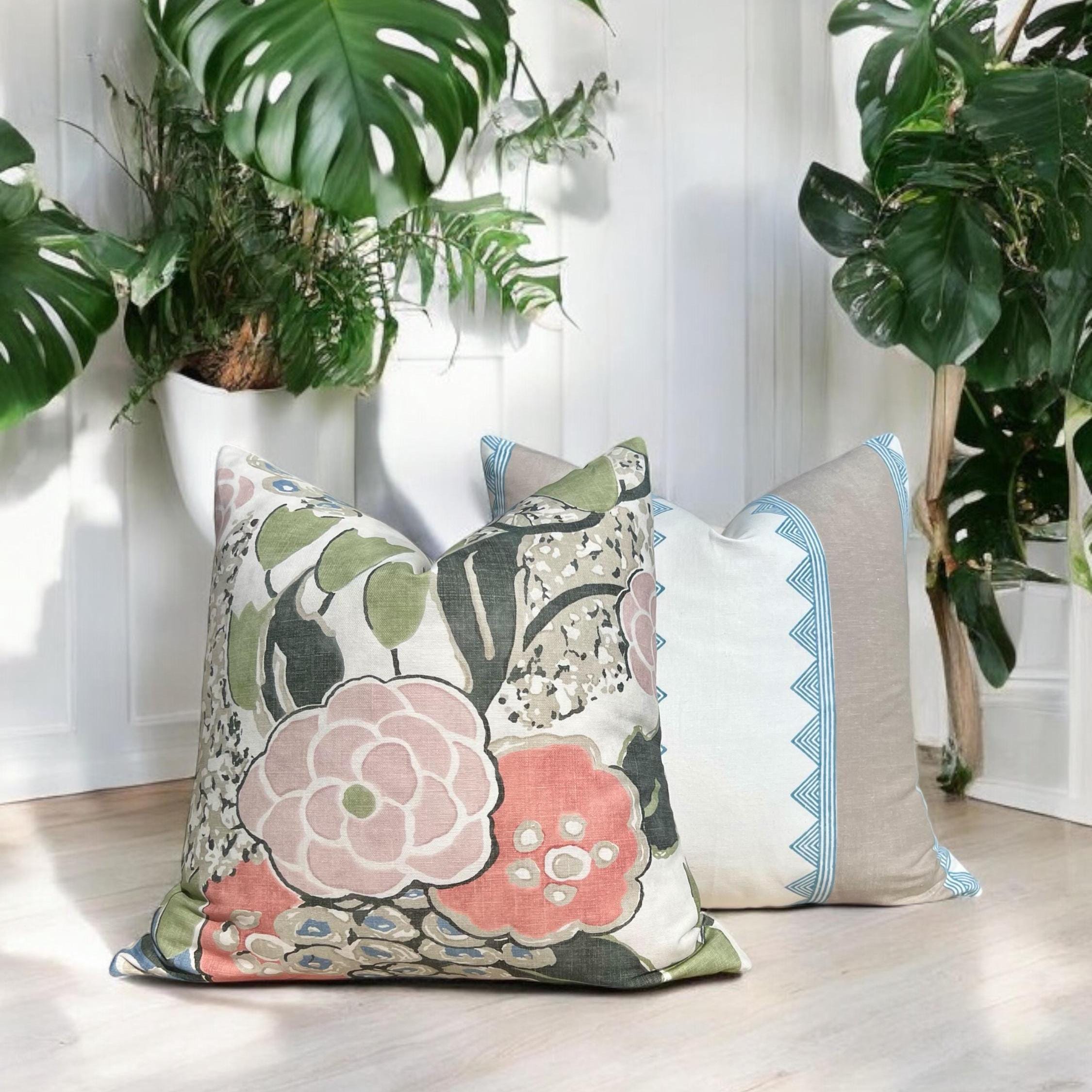 Thibaut Laura Pillow Cover in Blush and Green – Linen Floral Decorative Throw Pillow, Bold Floral Cushion, Designer Home Décor Accent