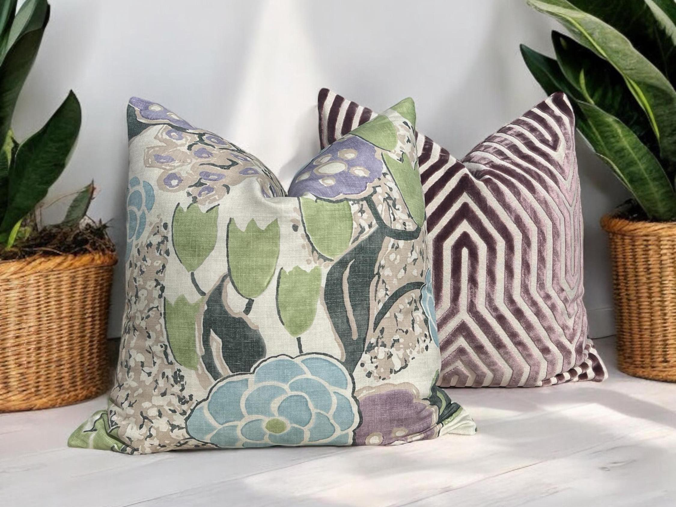 Thibaut Laura Pillow Cover in Lavender and Green – Linen Floral Decorative Throw Pillow, Bold Floral Cushion, Designer Home Décor Accent