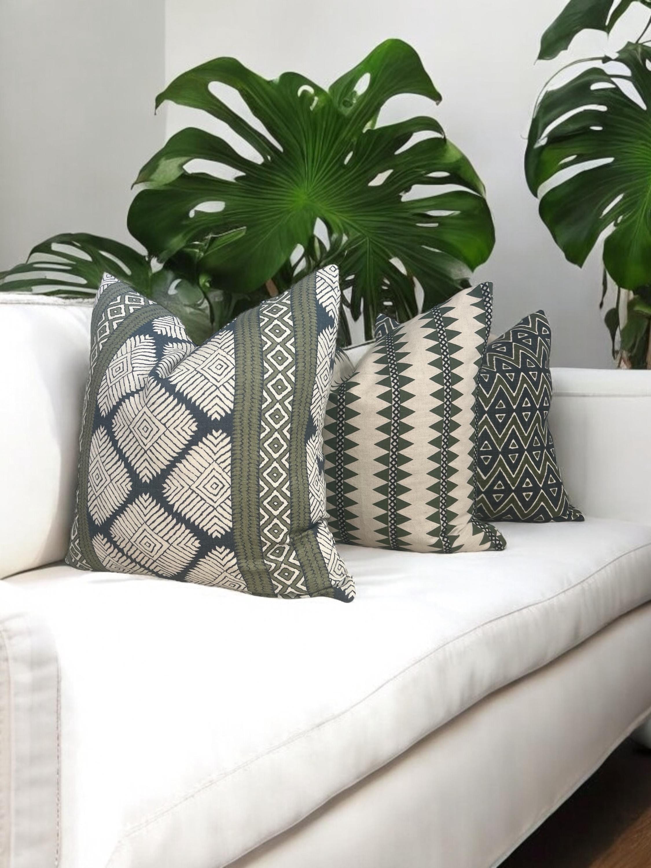 Thibaut Reno Stripe Embroidered Pillow in Green, Navy Blue, Luxury Designer Accent Cushion, Modern Geometric Throw Pillow, Euro Sham Cover