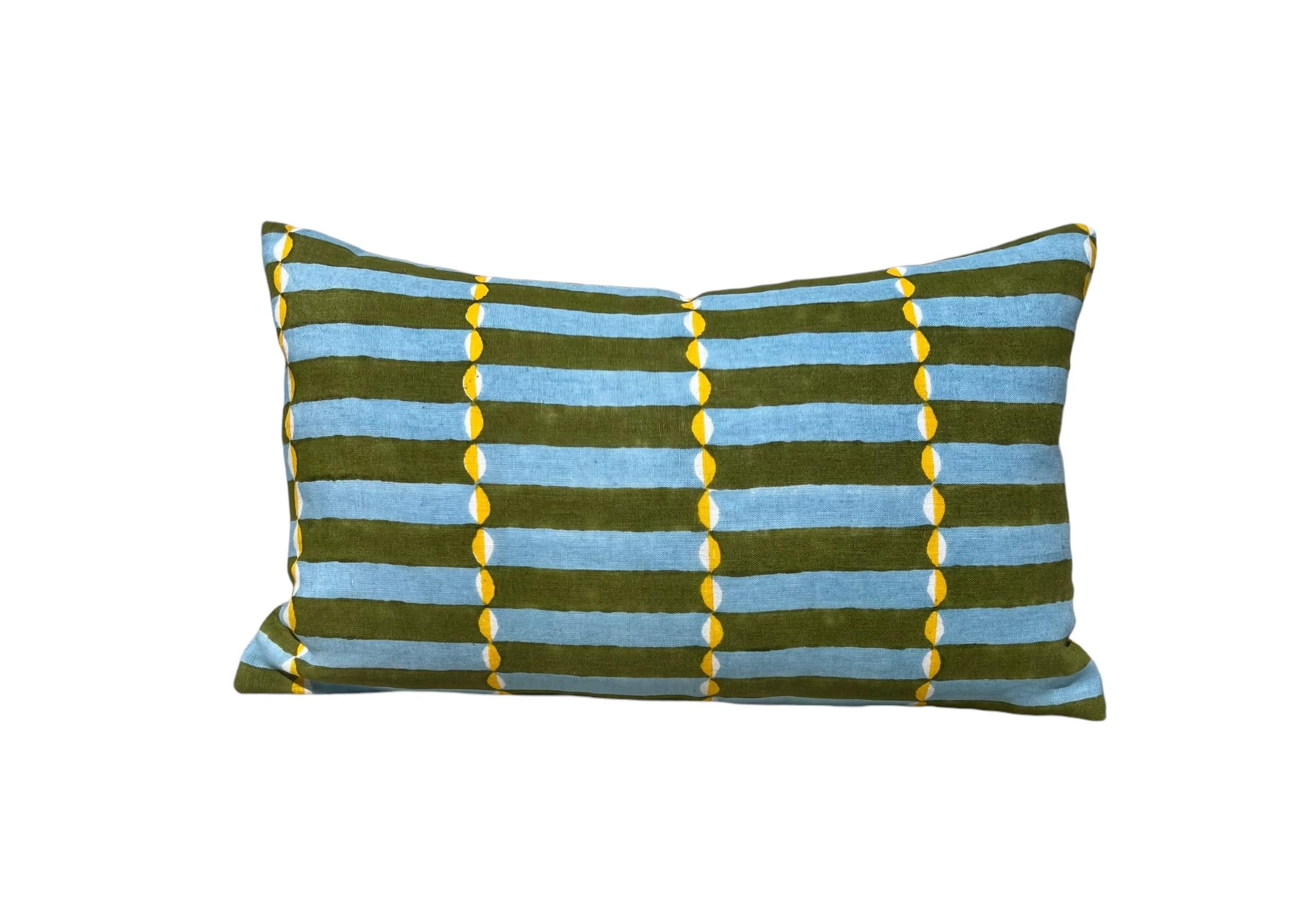 Schumacher Luna Hand Block Print Linen Pillow in Khaki by Molly Mahon – Designer Pillow Cover, Modern Geometric Decorative Cushion Covers