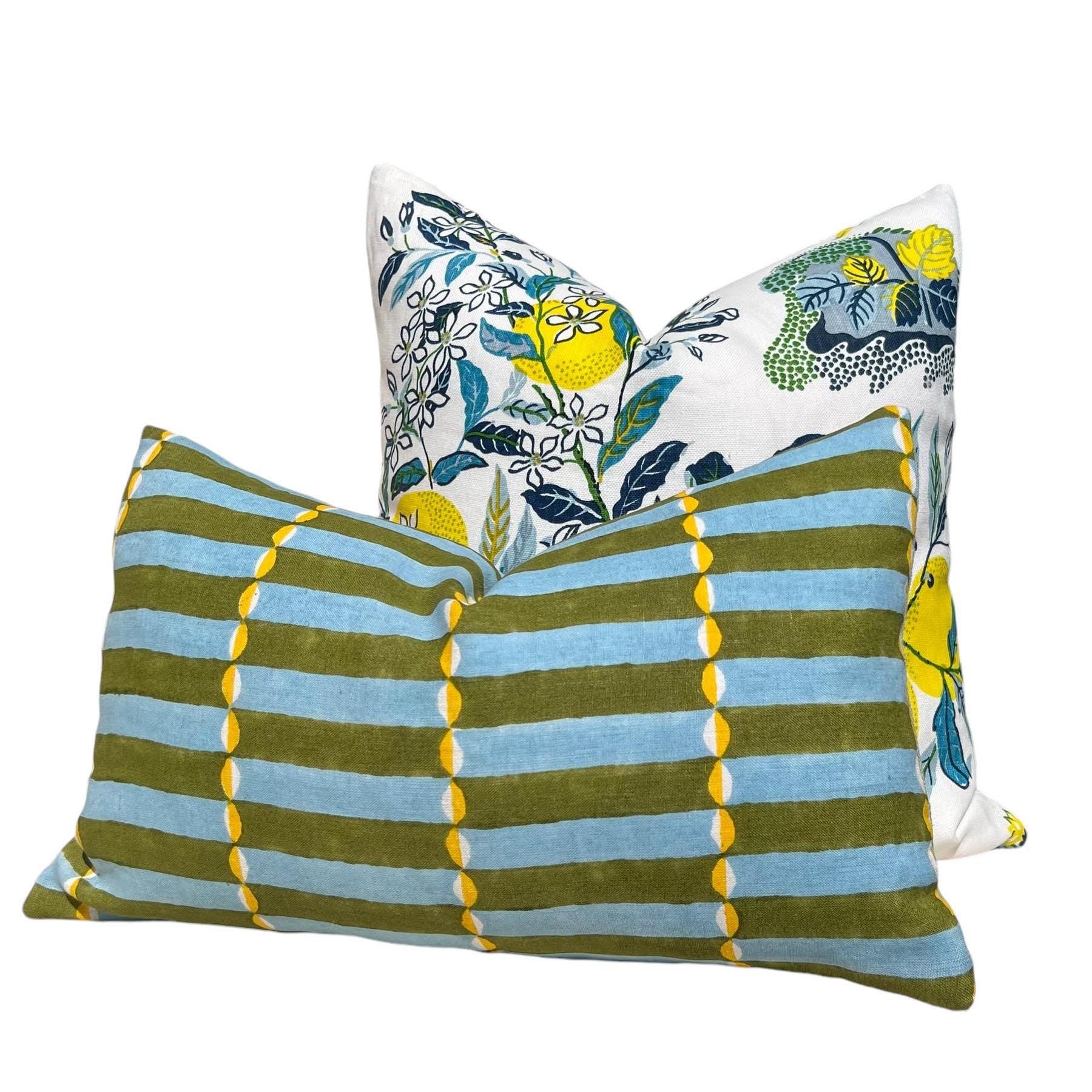 Schumacher Luna Hand Block Print Linen Pillow in Khaki by Molly Mahon – Designer Pillow Cover, Modern Geometric Decorative Cushion Covers