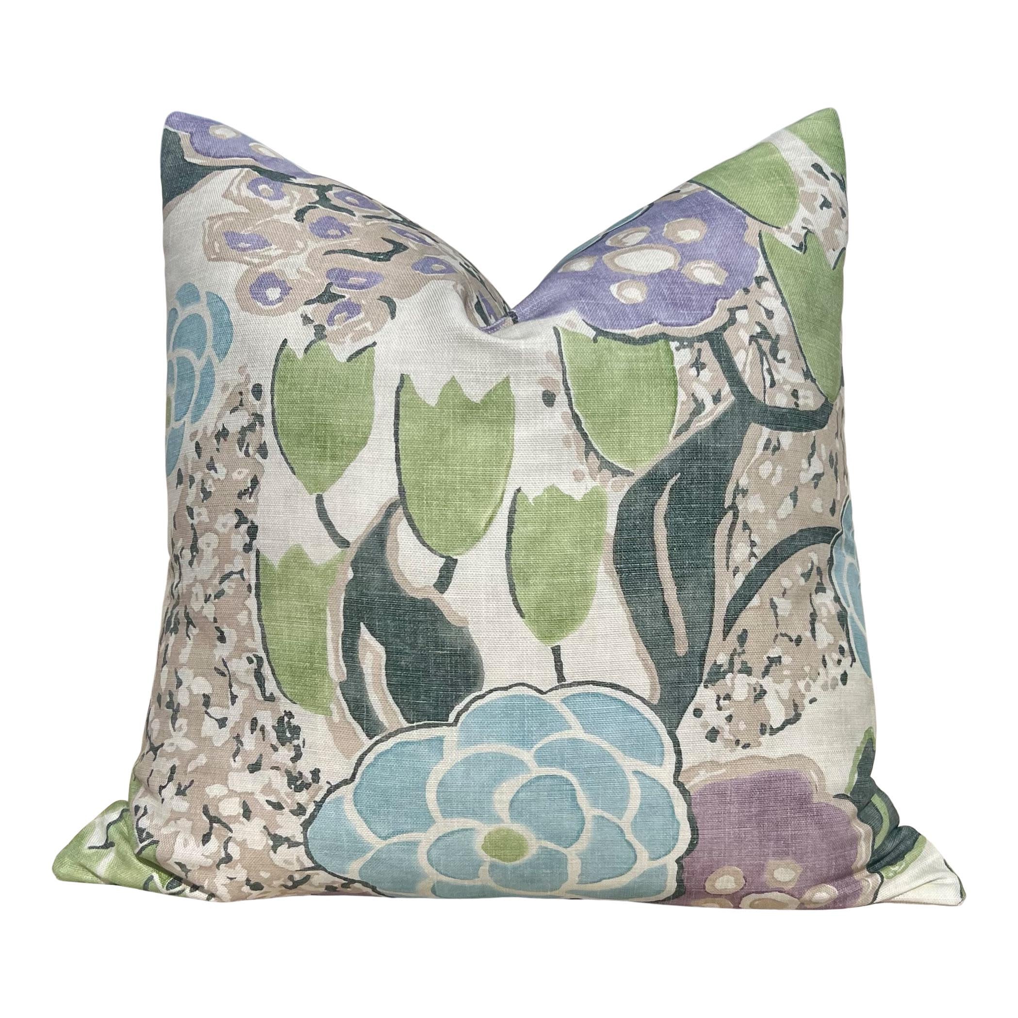 Thibaut Laura Pillow Cover in Lavender and Green – Linen Floral Decorative Throw Pillow, Bold Floral Cushion, Designer Home Décor Accent