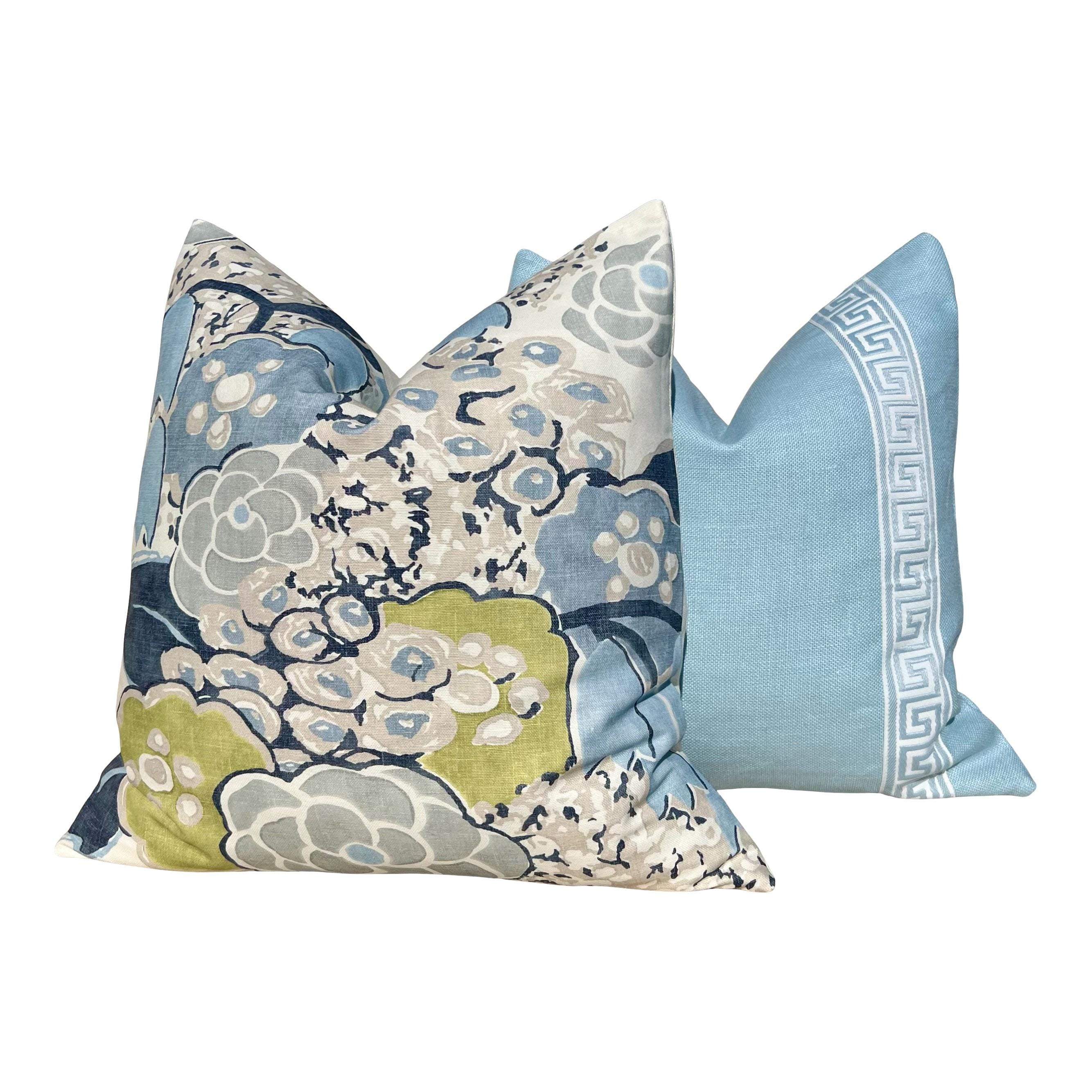 Thibaut Laura Pillow Cover in Blue – Linen Floral Decorative Throw Pillow, Bold Floral Cushion Blue and Green, Designer Home Décor Accent