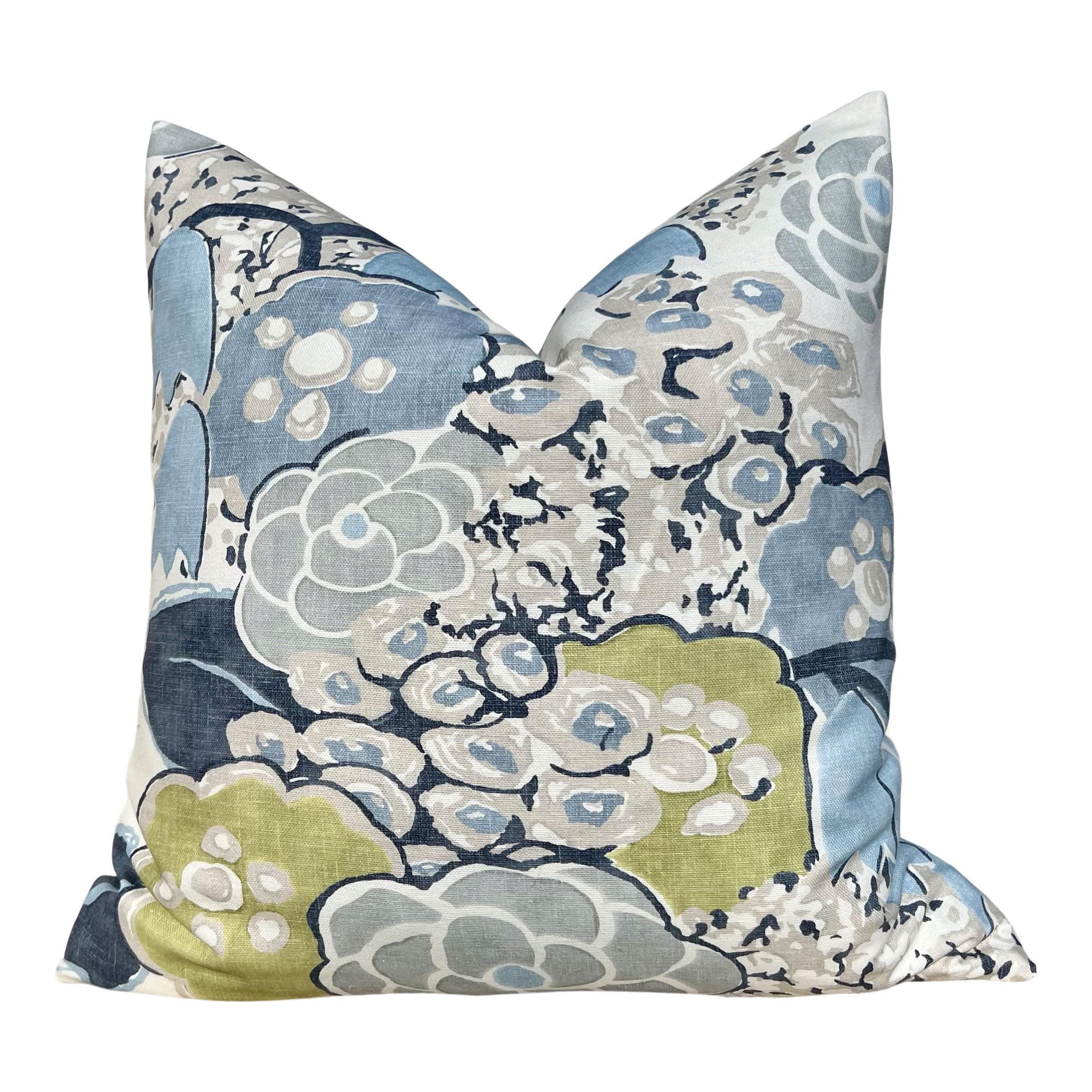 Thibaut Laura Pillow Cover in Blue – Linen Floral Decorative Throw Pillow, Bold Floral Cushion Blue and Green, Designer Home Décor Accent