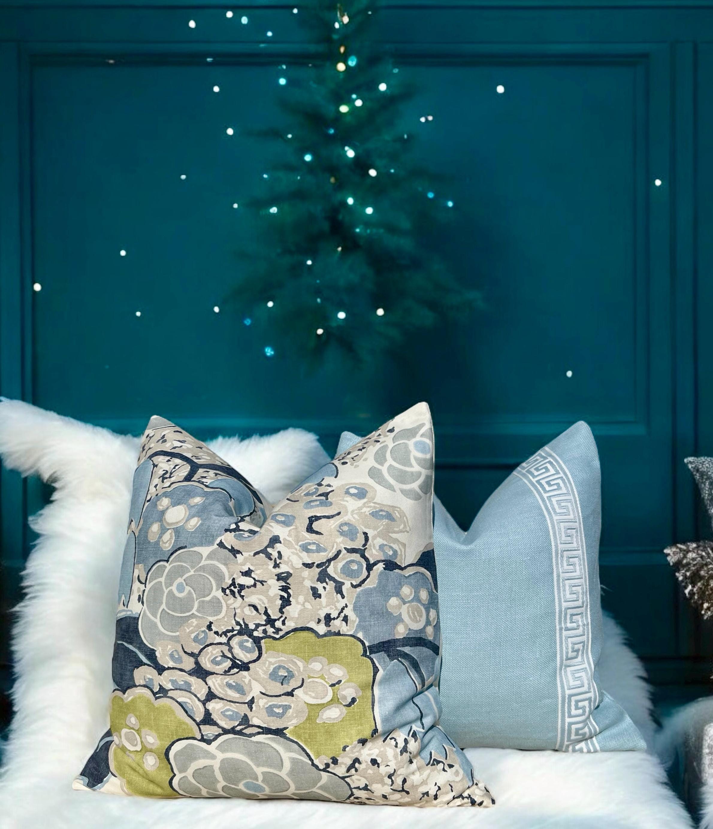 Thibaut Laura Pillow Cover in Blue – Linen Floral Decorative Throw Pillow, Bold Floral Cushion Blue and Green, Designer Home Décor Accent