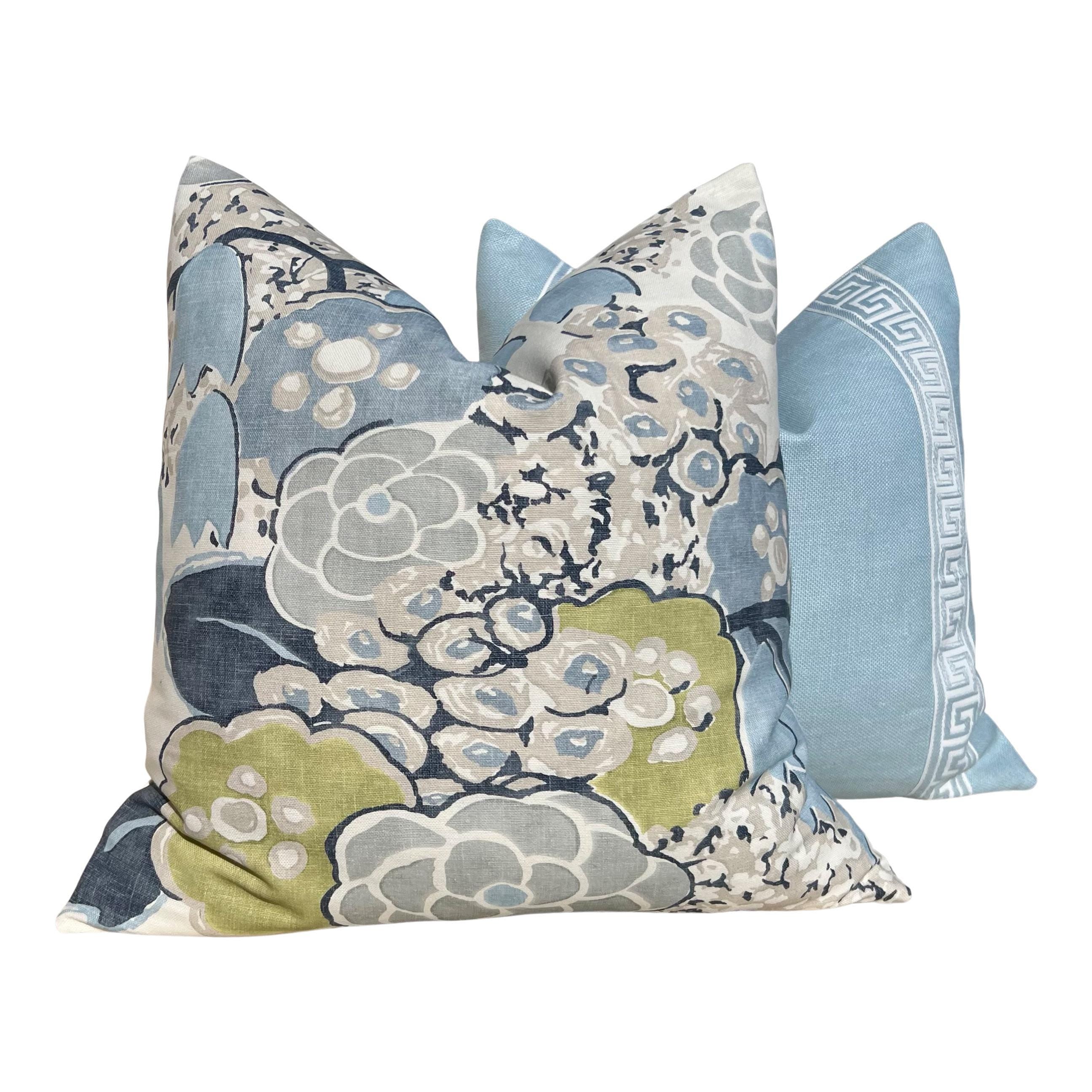 Thibaut Laura Pillow Cover in Blue – Linen Floral Decorative Throw Pillow, Bold Floral Cushion Blue and Green, Designer Home Décor Accent
