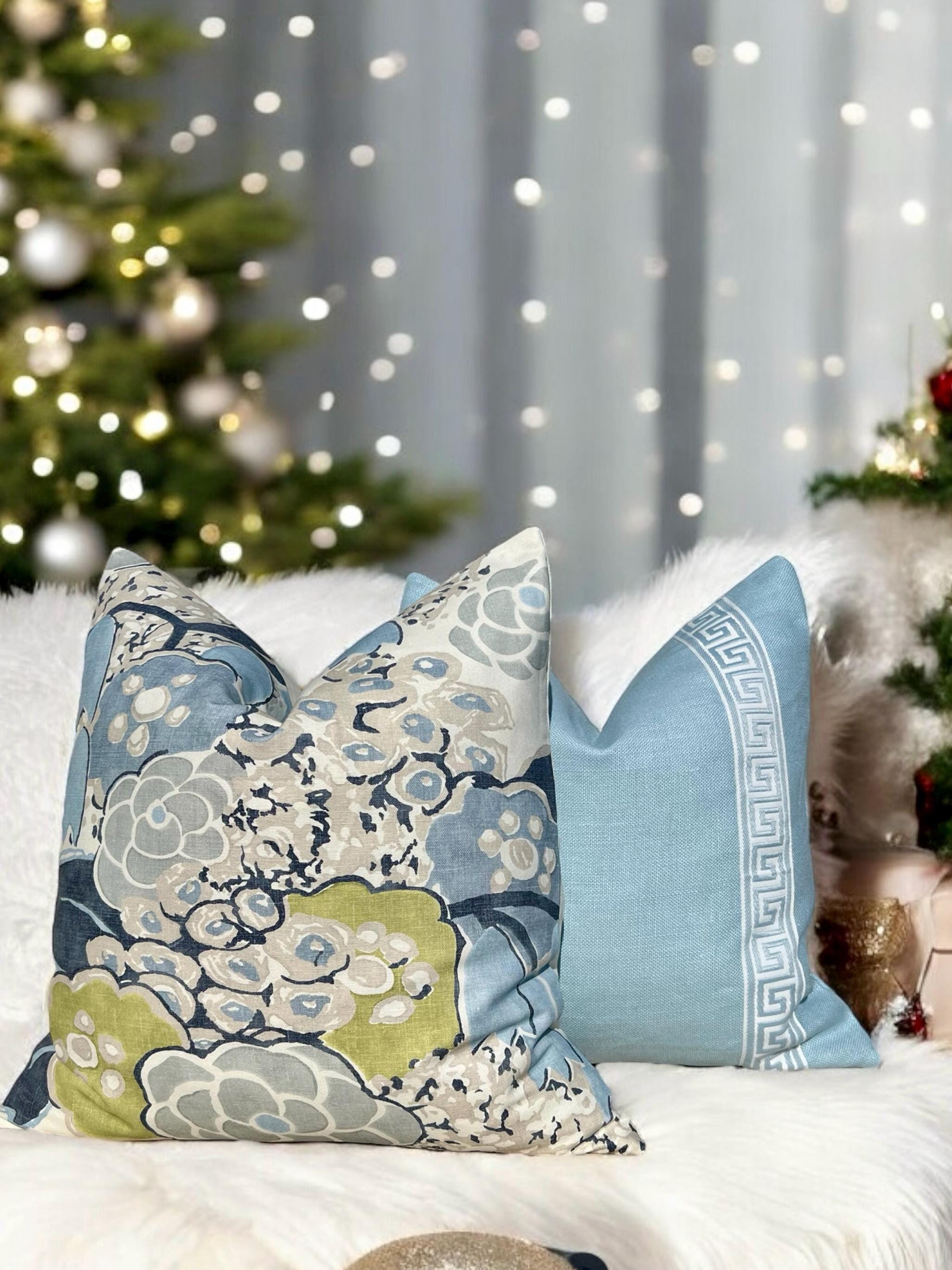 Thibaut Laura Pillow Cover in Blue – Linen Floral Decorative Throw Pillow, Bold Floral Cushion Blue and Green, Designer Home Décor Accent