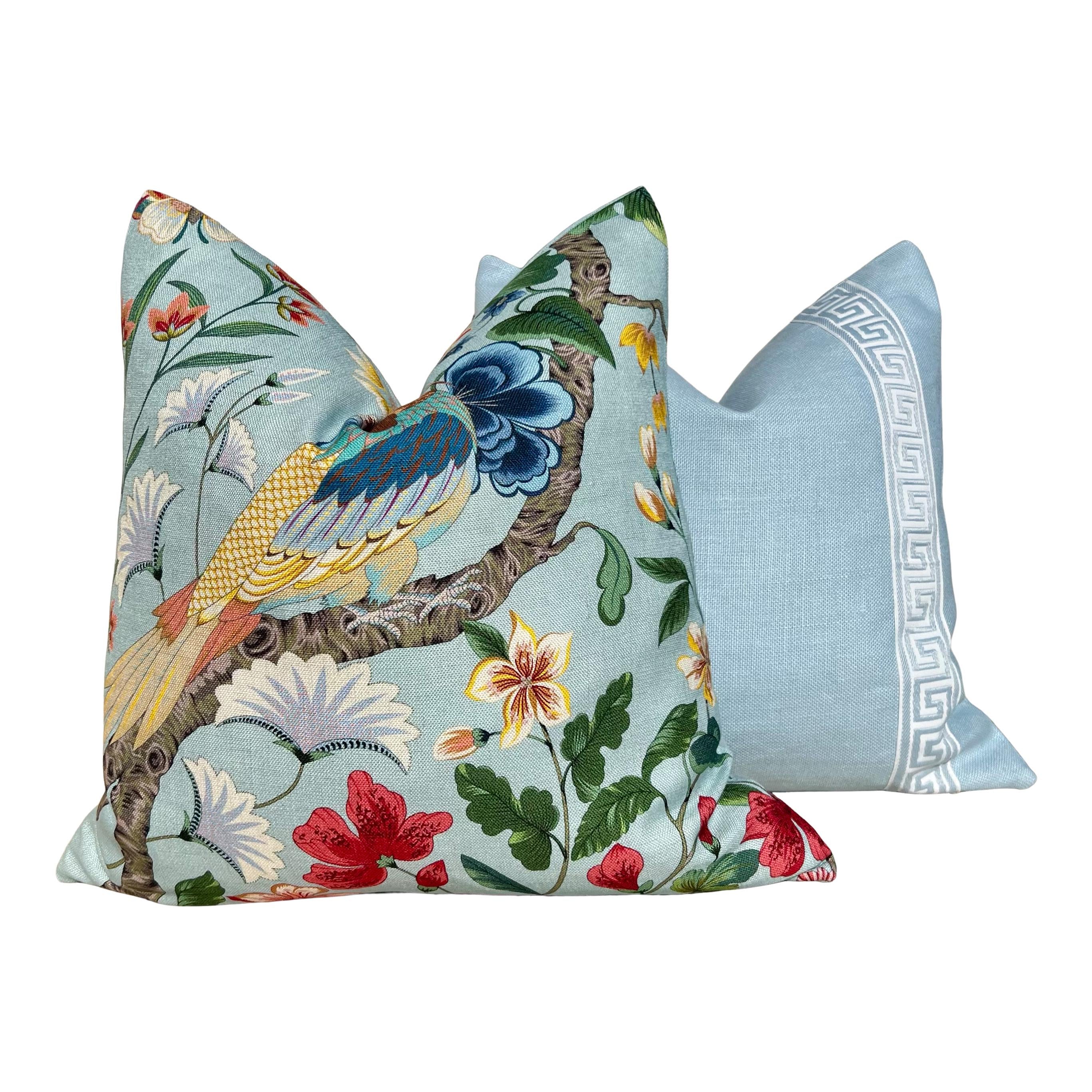 Scalamandre Botany Bay Pillow in Aqua, Designer Bird and Floral Linen Cushion, Luxury Throw Pillow, High-End Tropical Home Décor