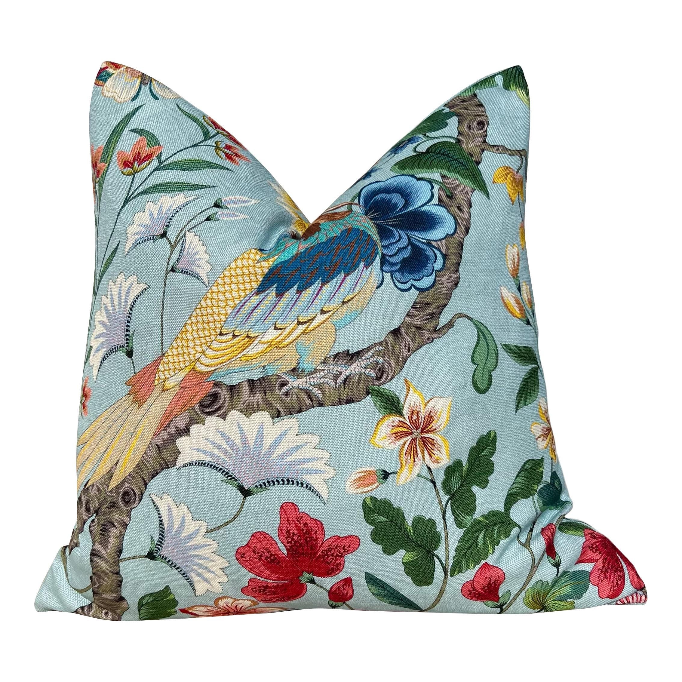 Scalamandre Botany Bay Pillow in Aqua, Designer Bird and Floral Linen Cushion, Luxury Throw Pillow, High-End Tropical Home Décor