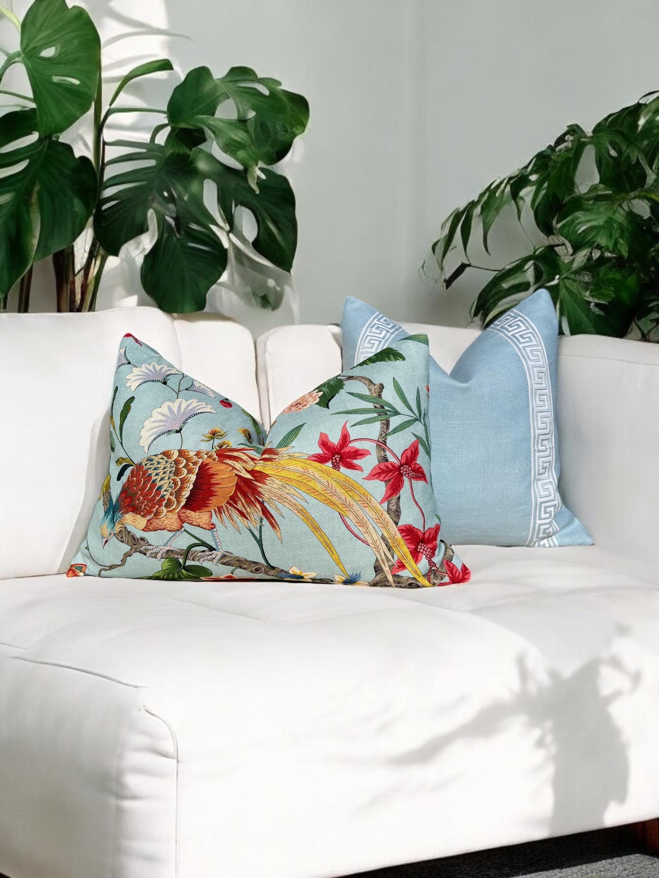 Scalamandre Botany Bay Pillow in Aqua, Designer Bird and Floral Linen Cushion, Luxury Throw Pillow, High-End Tropical Home Décor