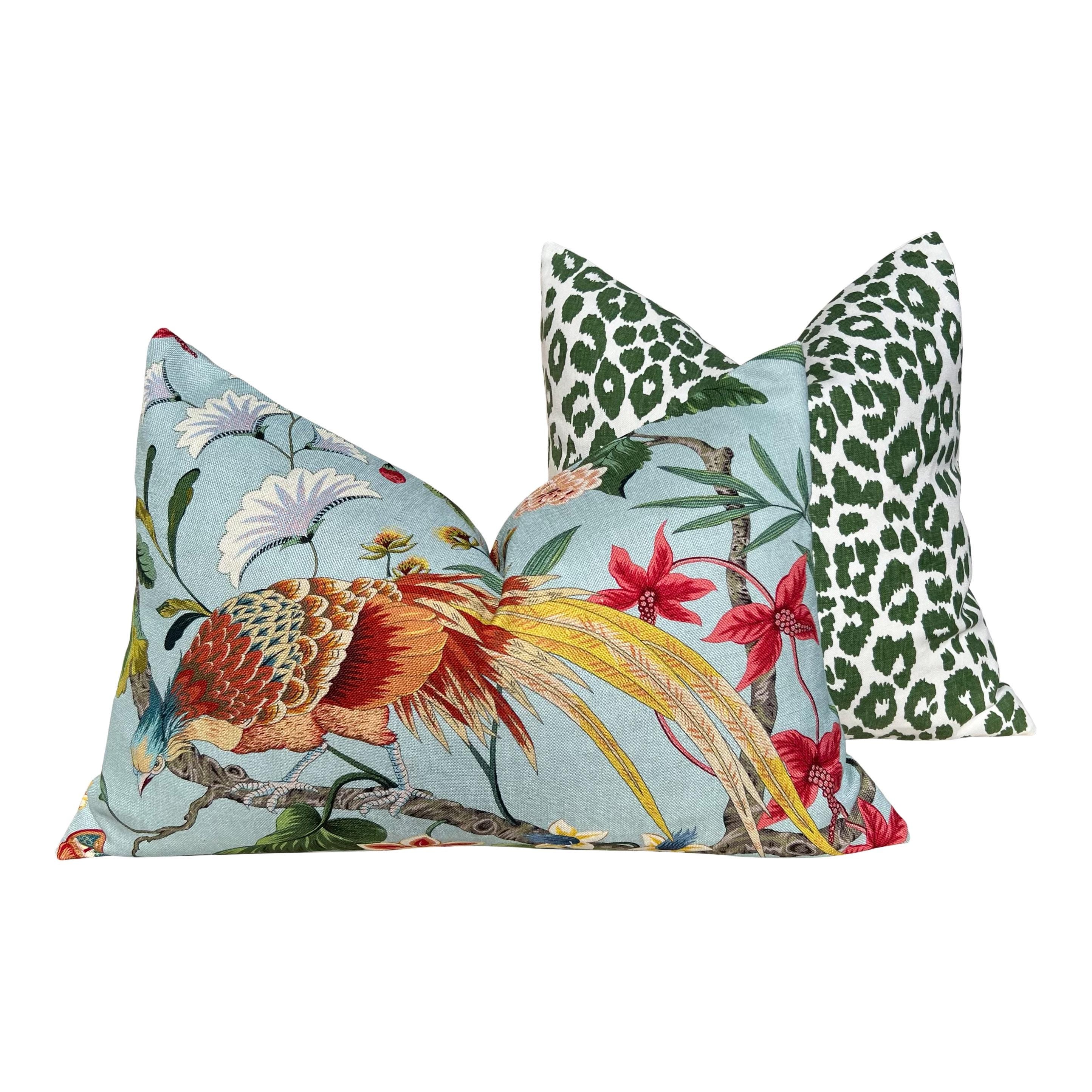 Scalamandre Botany Bay Pillow in Aqua, Designer Bird and Floral Linen Cushion, Luxury Throw Pillow, High-End Tropical Home Décor