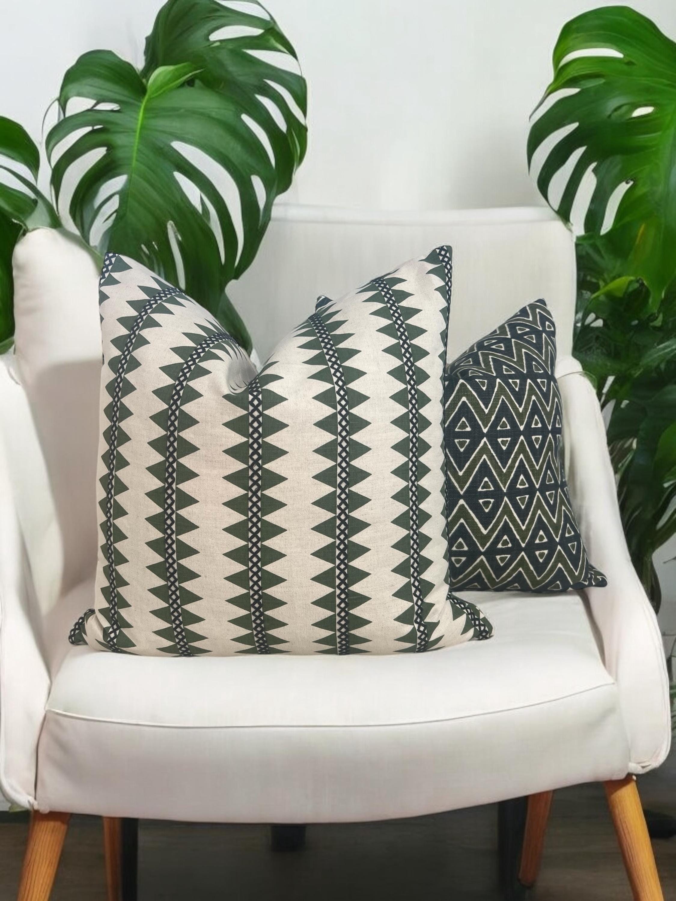 Thibaut Reno Stripe Embroidered Pillow in Green, Navy Blue, Luxury Designer Accent Cushion, Modern Geometric Throw Pillow, Euro Sham Cover