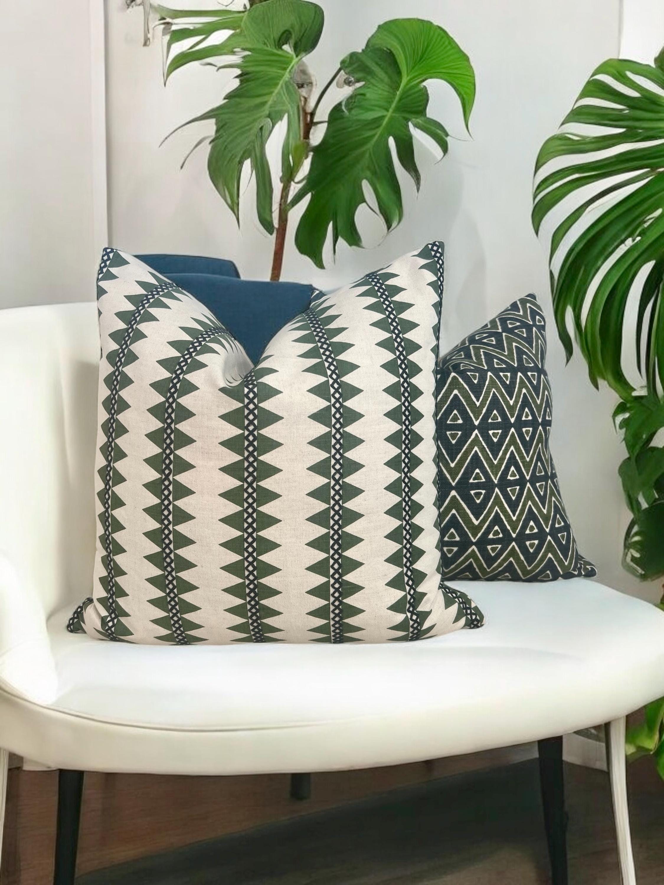 Thibaut Reno Stripe Embroidered Pillow in Green, Navy Blue, Luxury Designer Accent Cushion, Modern Geometric Throw Pillow, Euro Sham Cover