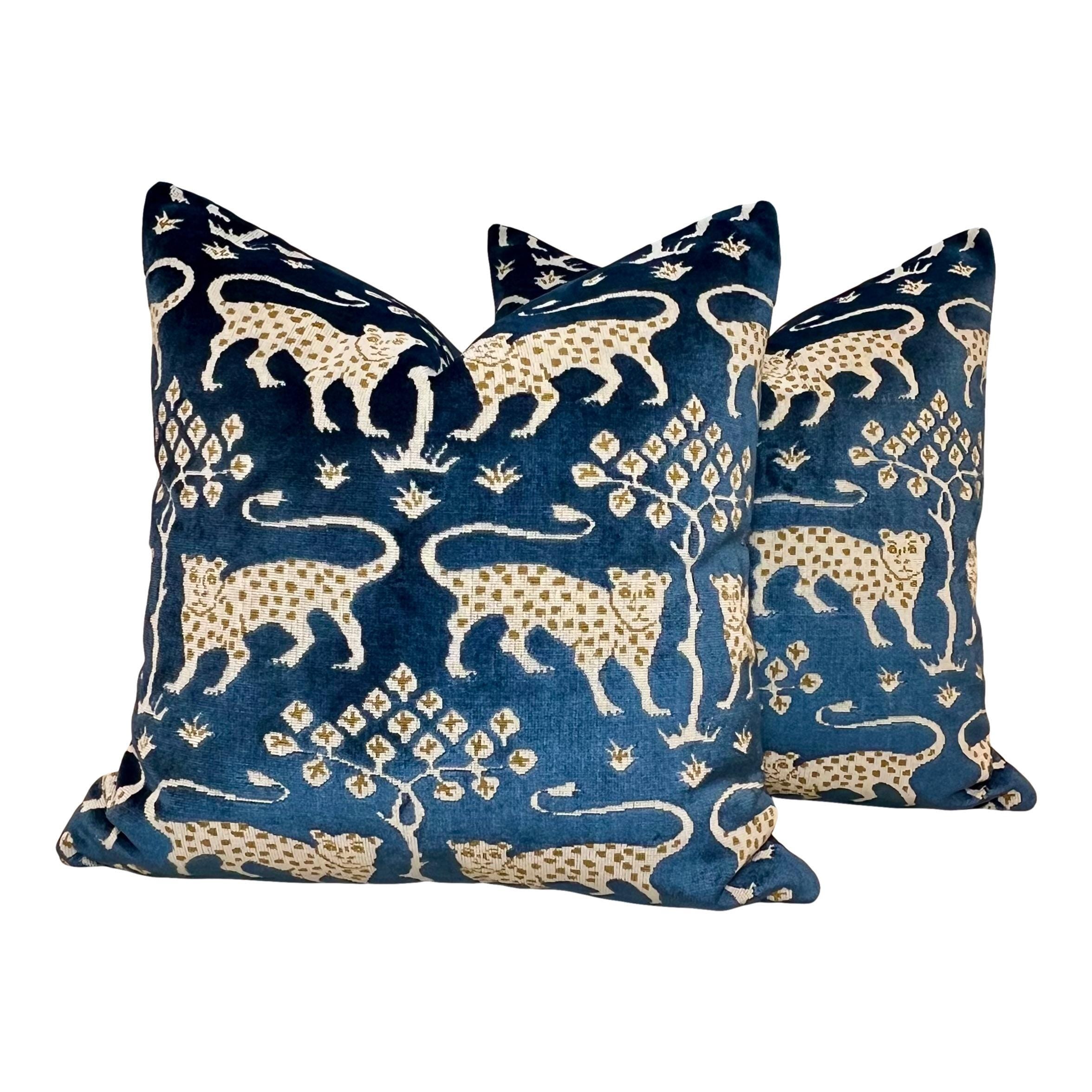 Schumacher Woodland Velvet Pillow Navy Blue and Gold. Decorative Pillow, Designer Modern Cushions, High End Pillows Covers 18x18 20x20 22x22