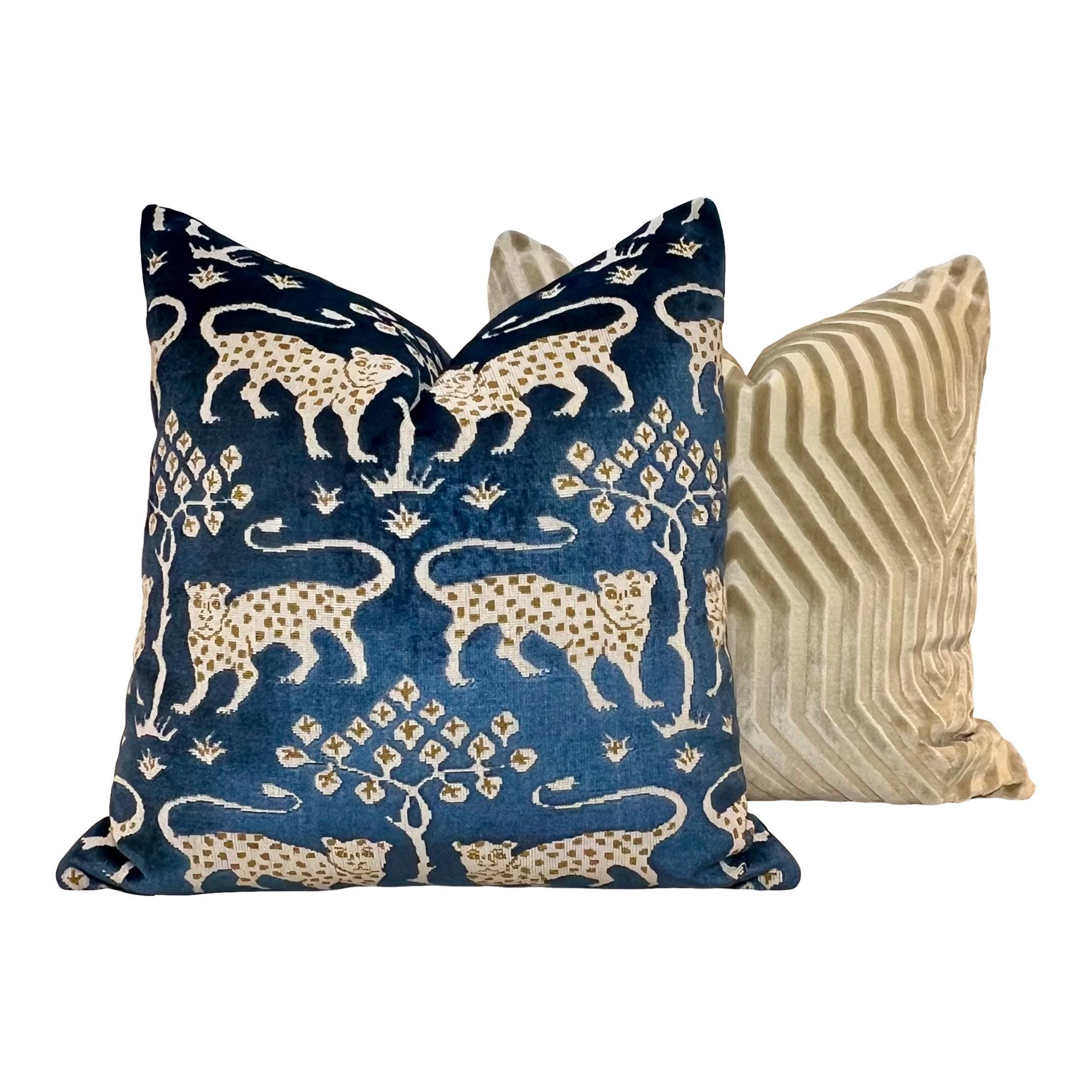 Schumacher Woodland Velvet Pillow Navy Blue and Gold. Decorative Pillow, Designer Modern Cushions, High End Pillows Covers 18x18 20x20 22x22