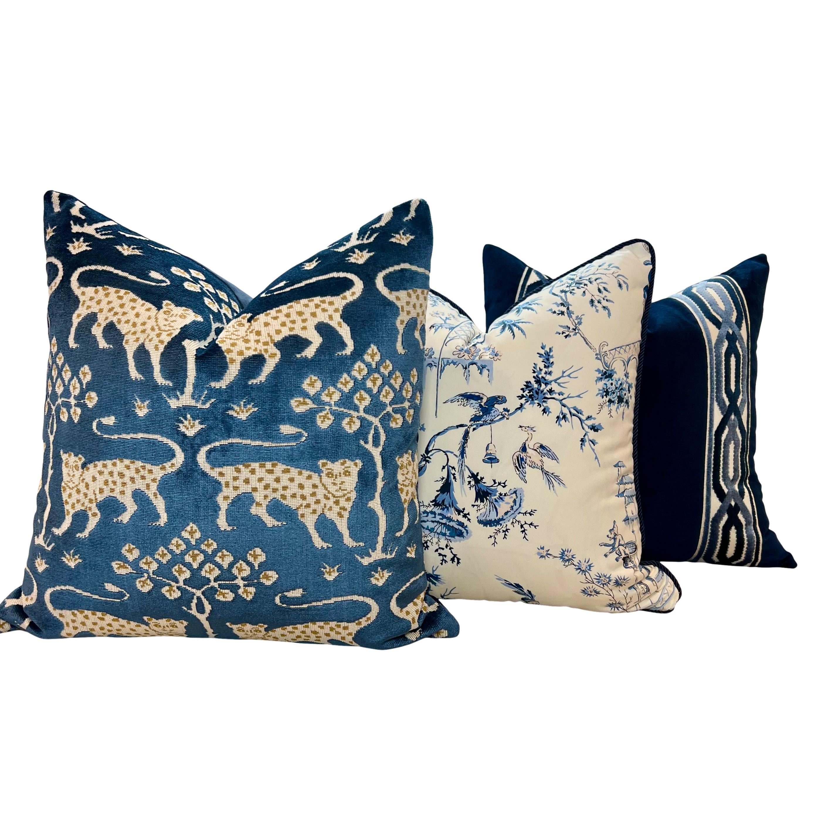 Schumacher Woodland Velvet Pillow Navy Blue and Gold. Decorative Pillow, Designer Modern Cushions, High End Pillows Covers 18x18 20x20 22x22