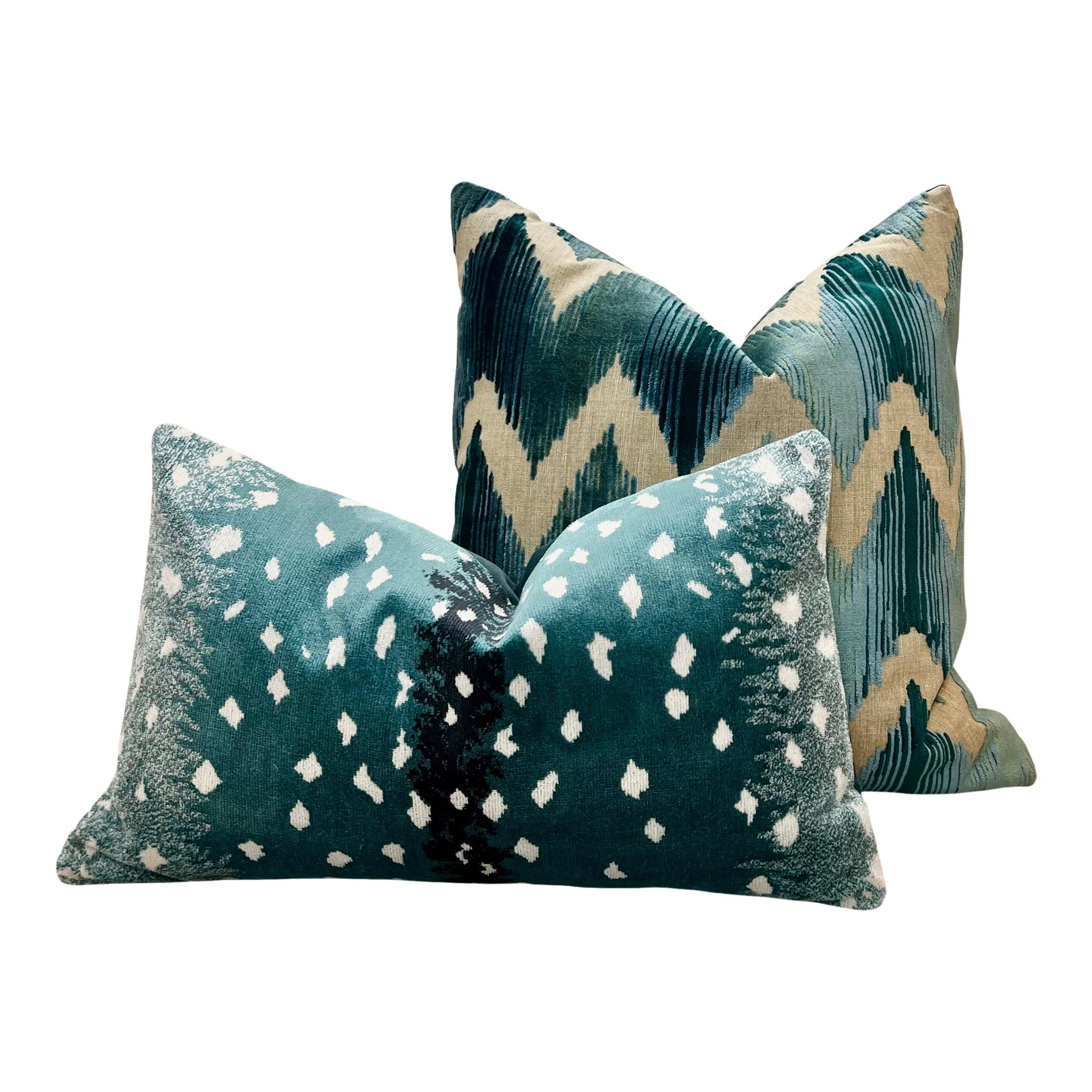 Lee Jofa Waterside Raised Velvet Pillow in Teal, Modern Aqua Zig Zag Cushion Cover, Geometric Velvet Pillow, Contemporary Velvet Pillows