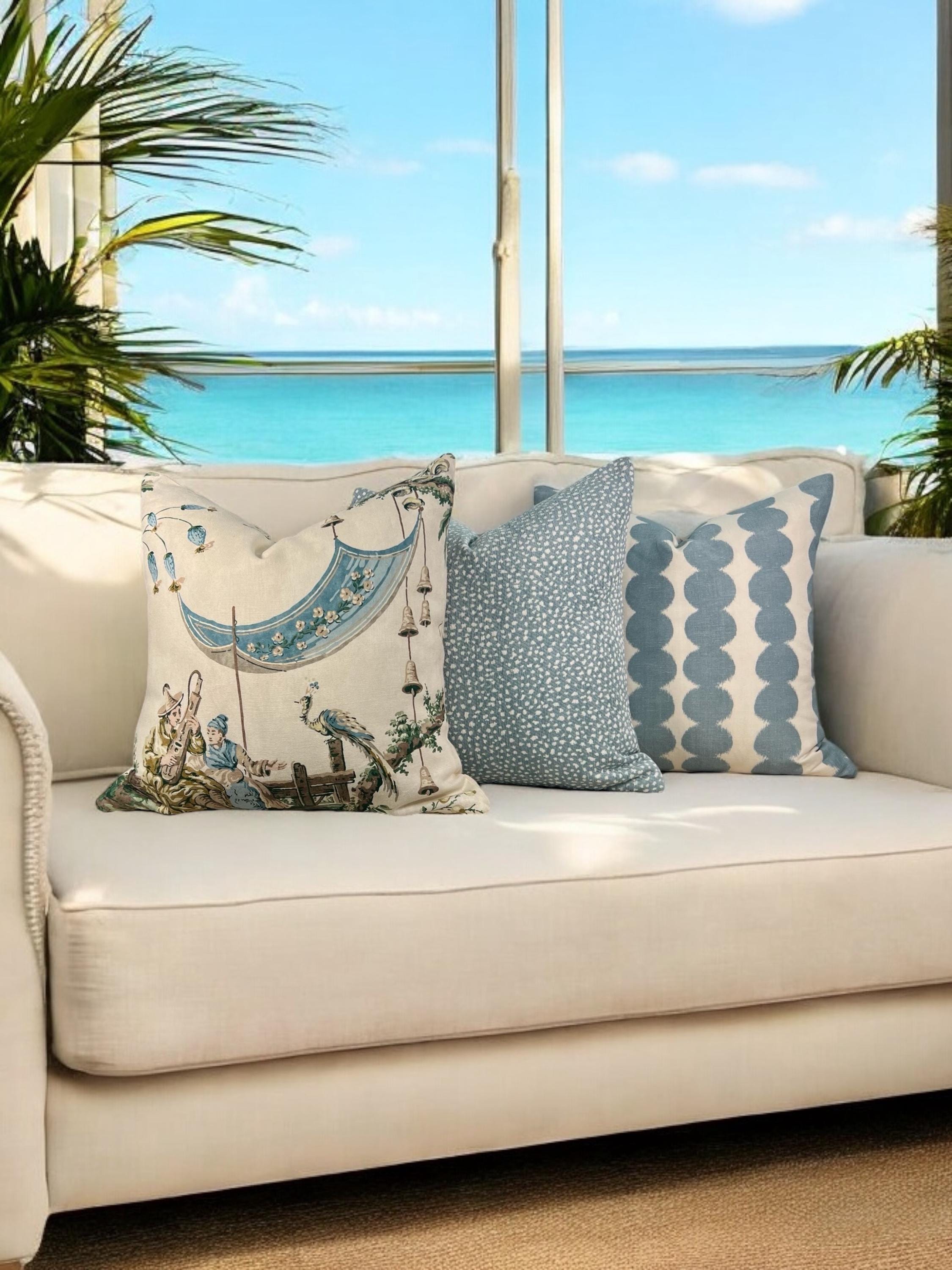 Thibaut Fawn Indoor Outdoor Pillow in Sky Blue. Outdoor Designer Pillow, Outdoor Light Blue Cushion Cover, Lumbar Animal Print Pillow Covers