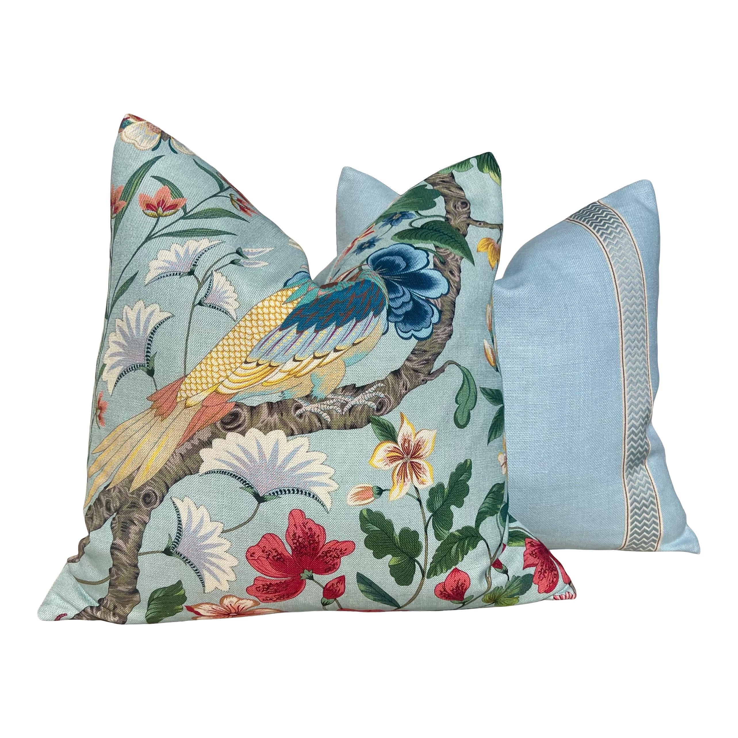 Scalamandre Botany Bay Pillow in Aqua, Designer Bird and Floral Linen Cushion, Luxury Throw Pillow, High-End Tropical Home Décor