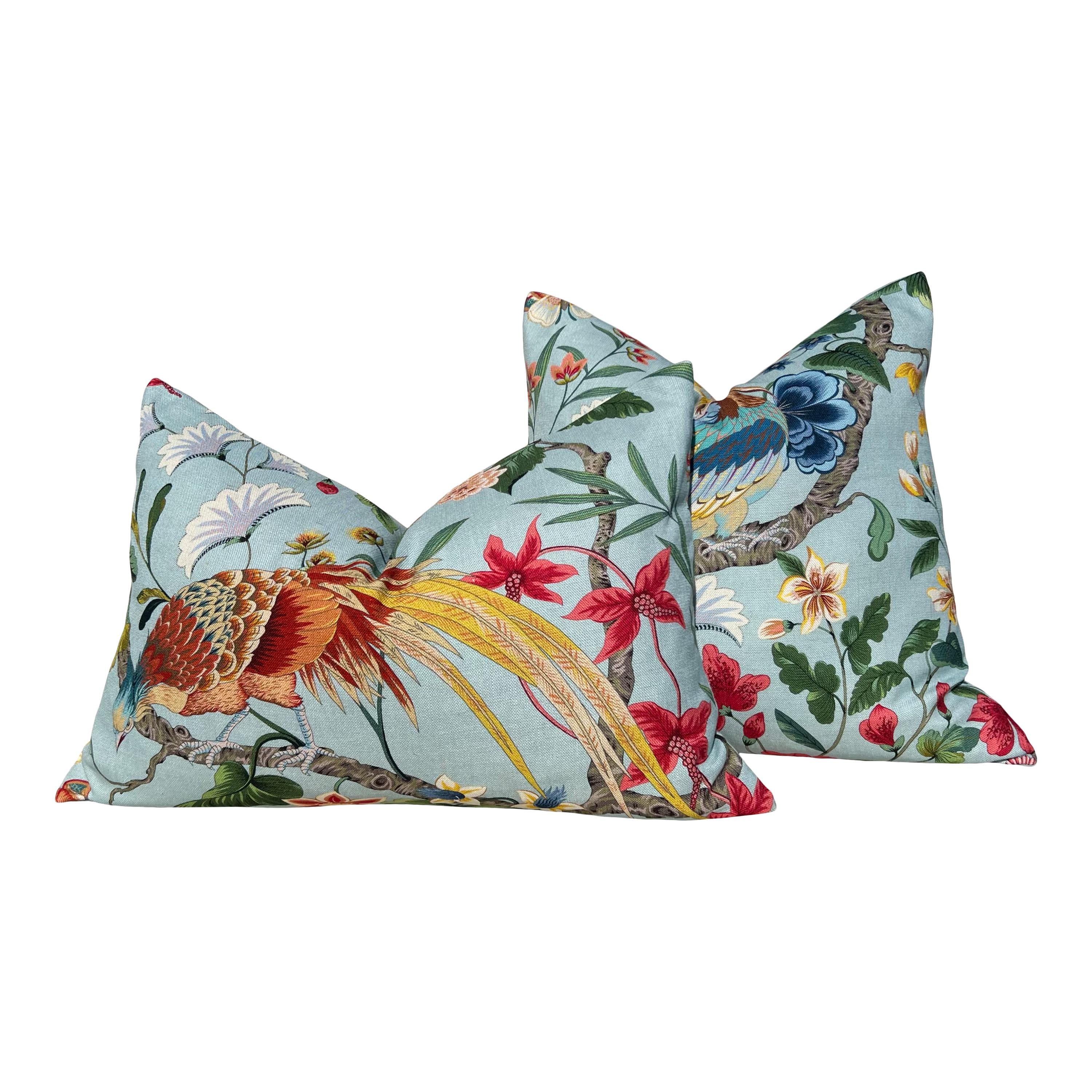 Scalamandre Botany Bay Pillow in Aqua, Designer Bird and Floral Linen Cushion, Luxury Throw Pillow, High-End Tropical Home Décor