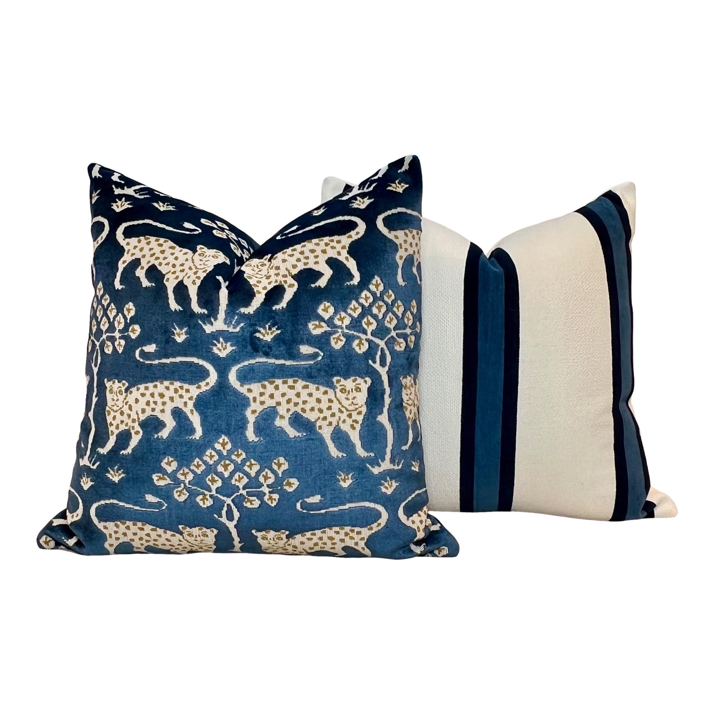 Schumacher Woodland Velvet Pillow Navy Blue and Gold. Decorative Pillow, Designer Modern Cushions, High End Pillows Covers 18x18 20x20 22x22