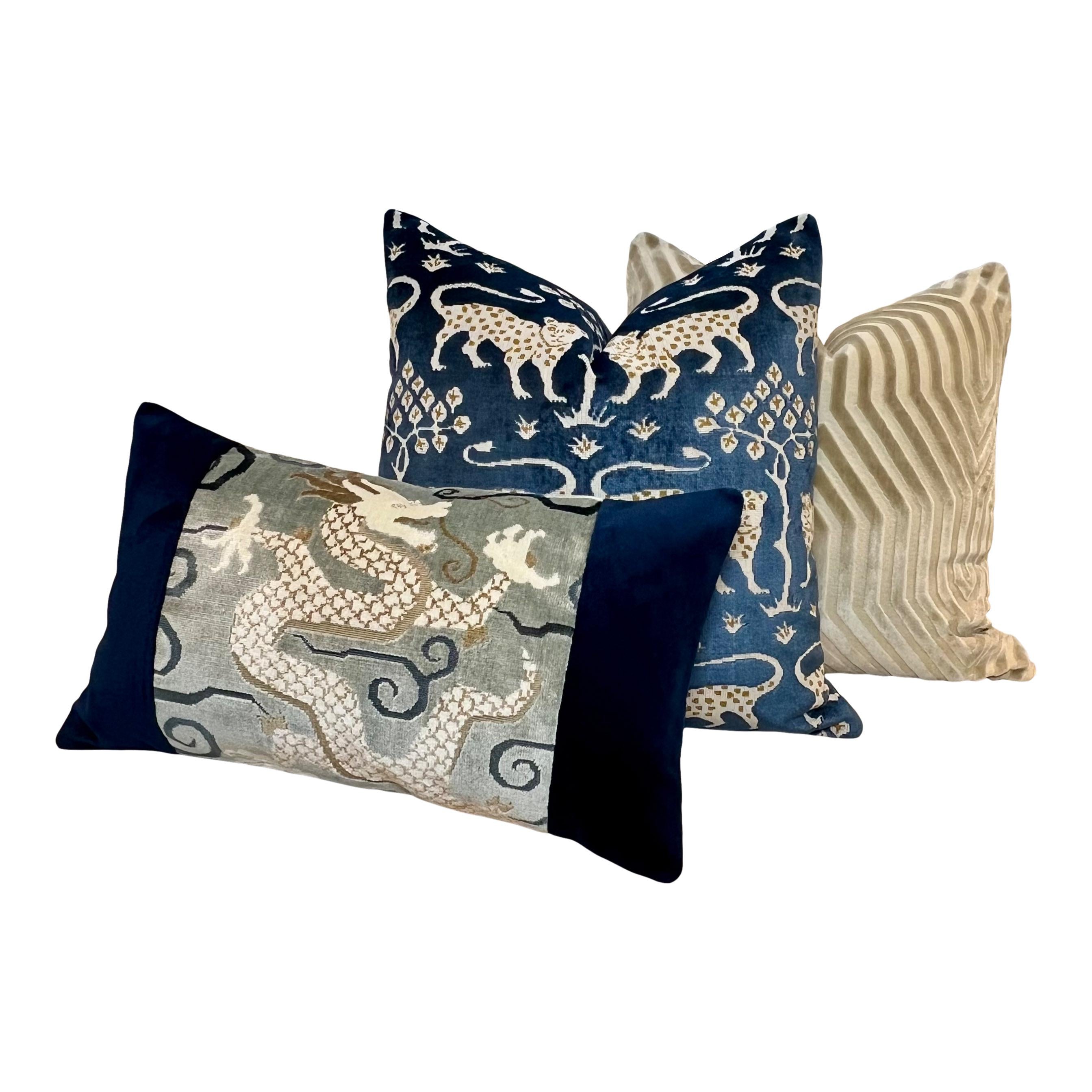 Schumacher Woodland Velvet Pillow Navy Blue and Gold. Decorative Pillow, Designer Modern Cushions, High End Pillows Covers 18x18 20x20 22x22
