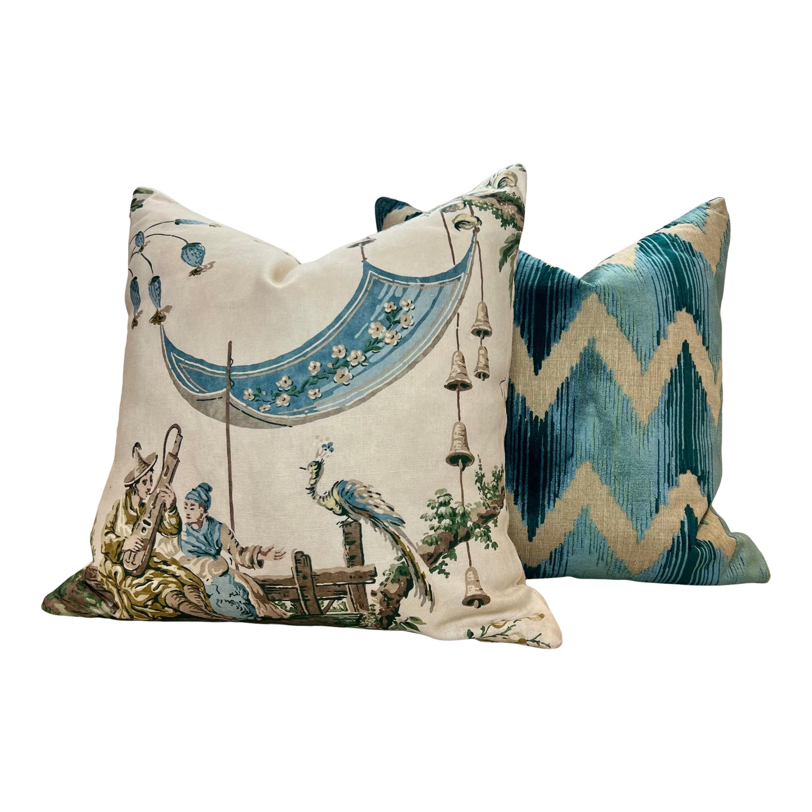 Lee Jofa Waterside Raised Velvet Pillow in Teal, Modern Aqua Zig Zag Cushion Cover, Geometric Velvet Pillow, Contemporary Velvet Pillows