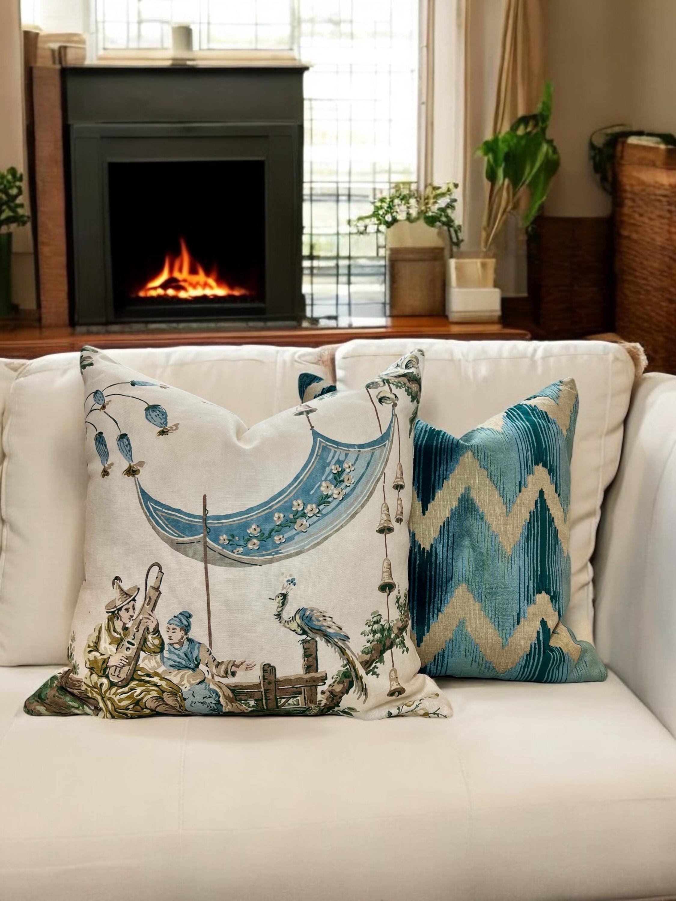 Lee Jofa Waterside Raised Velvet Pillow in Teal, Modern Aqua Zig Zag Cushion Cover, Geometric Velvet Pillow, Contemporary Velvet Pillows