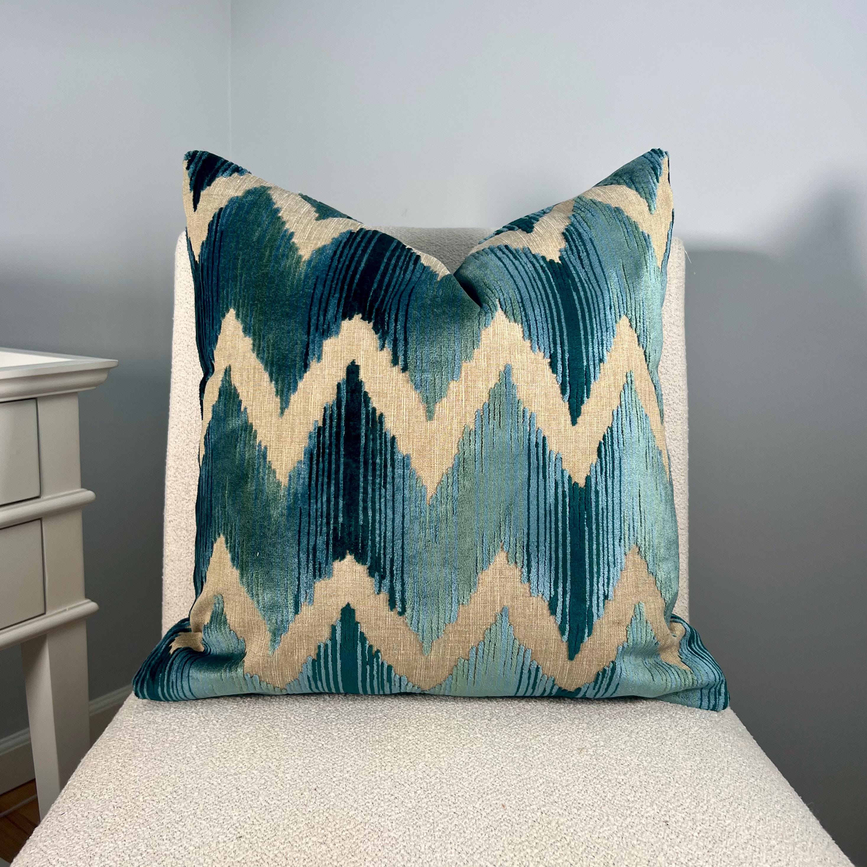 Lee Jofa Waterside Raised Velvet Pillow in Teal, Modern Aqua Zig Zag Cushion Cover, Geometric Velvet Pillow, Contemporary Velvet Pillows