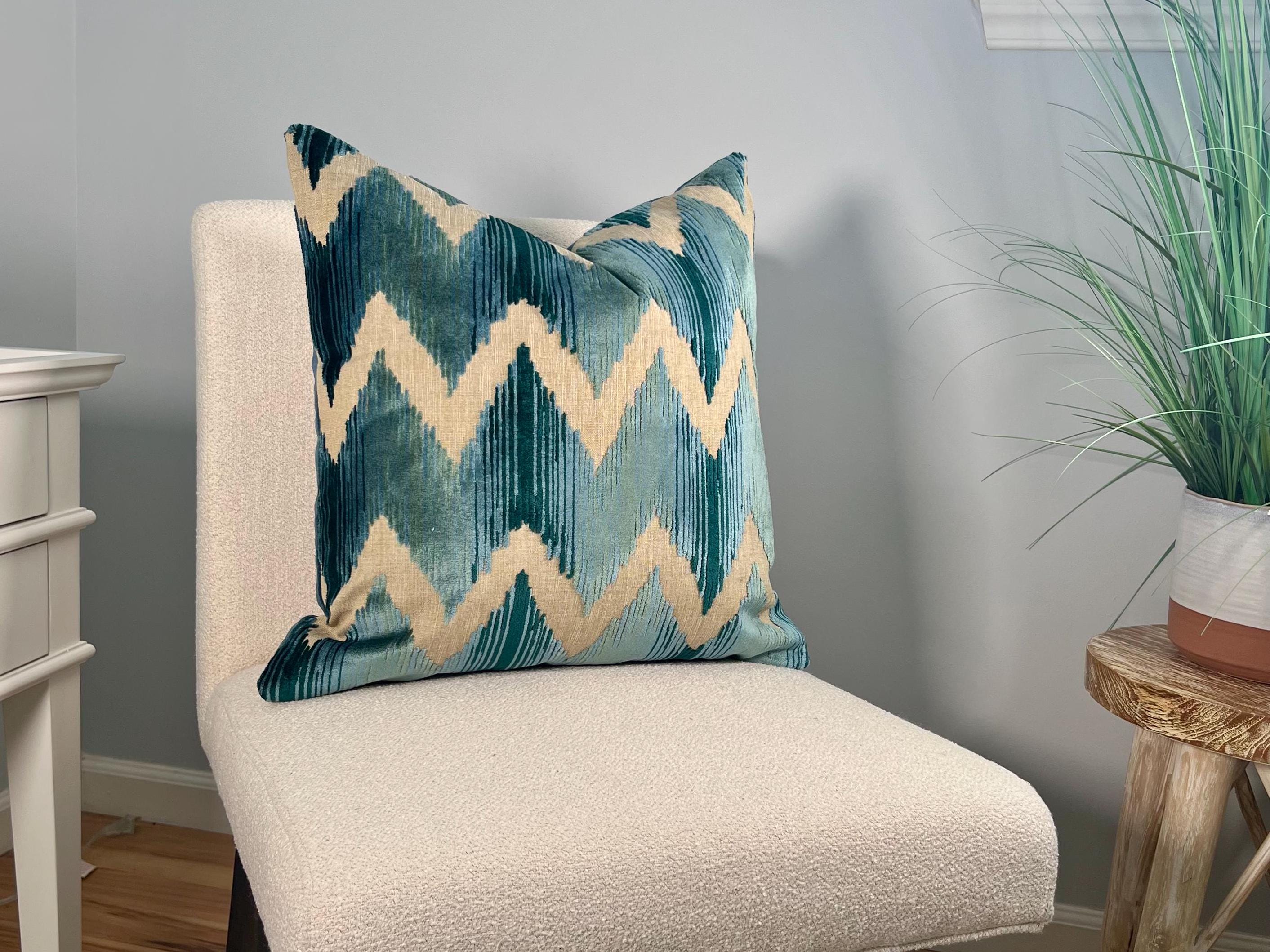 Lee Jofa Waterside Raised Velvet Pillow in Teal, Modern Aqua Zig Zag Cushion Cover, Geometric Velvet Pillow, Contemporary Velvet Pillows