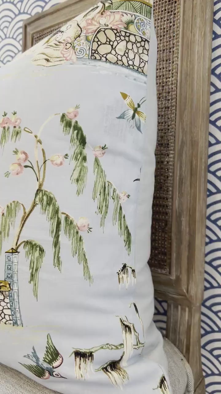 Grand Palace Chinoiserie Pillow in Sky Blue. Pagoda Pillow Cover, Designer Lumbar Pillows, High End Pillows, Euro Sham Pillow Cover