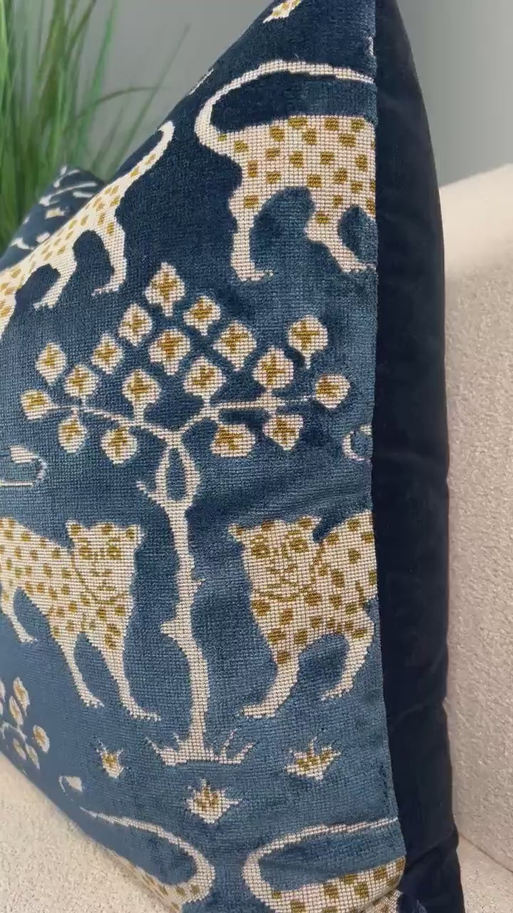 Schumacher Woodland Velvet Pillow Navy Blue and Gold. Decorative Pillow, Designer Modern Cushions, High End Pillows Covers 18x18 20x20 22x22