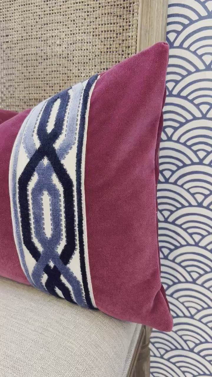 Designer Velvet Pillow in Fuchsia with trim. Designer Velvet Pillows, Accent Velvet Pillow, Lumbar Fuchsia Pillows, Extra long Lumbar.