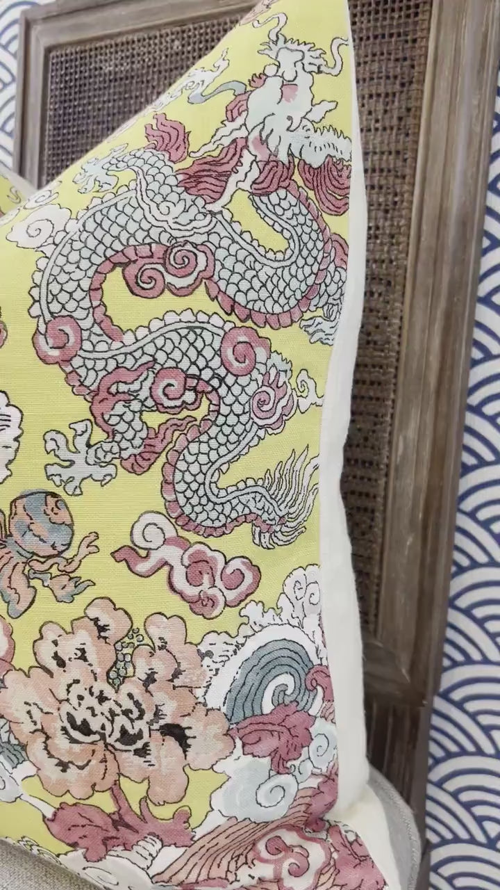 Schumacher Magic Mountain Dragon In Yellow. Chinoiserie Accent Linen Pillow, Aqua Yellow Coral Cushion Cover, High End Designer Pillows