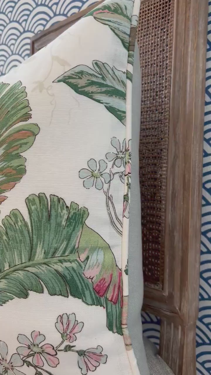 Schumacher Tropique Pillow in Blush. Designer Tropical Pillow Green, Blush, High End Linen Pillow Cover in Plush, Lumbar Palm Leaves Pillow