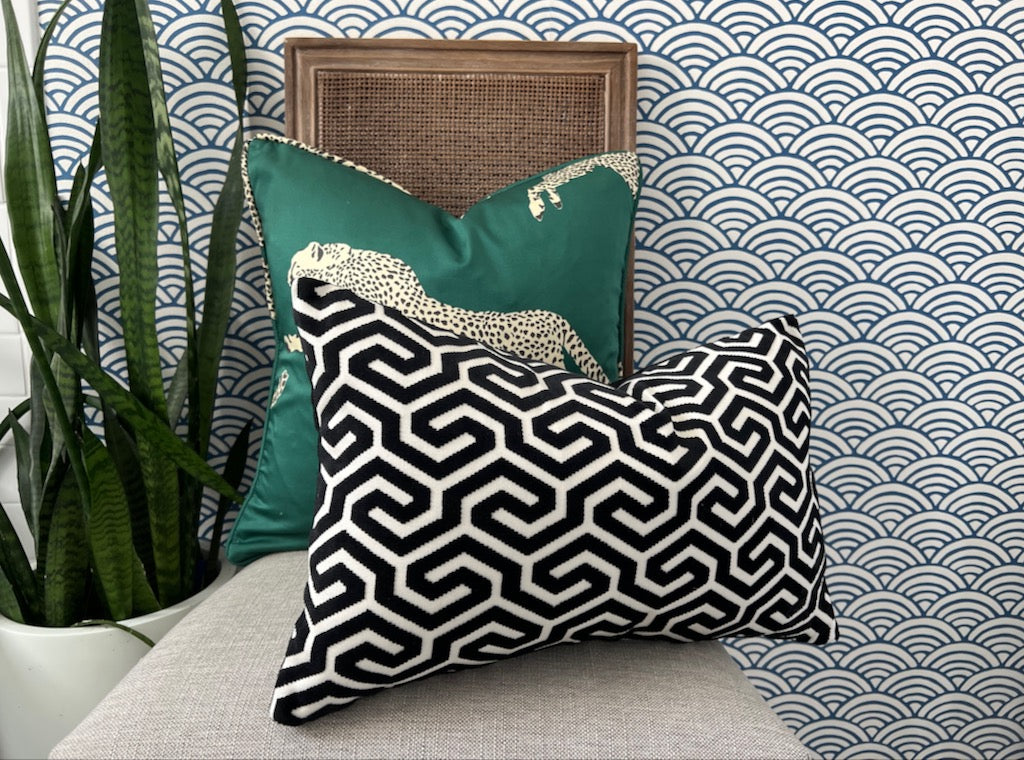 Scalamandre Leaping Cheetah pillow in Evergreen.