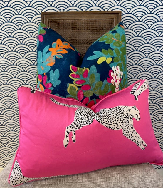 Scalamandre Leaping Cheetah pillow in Pink.