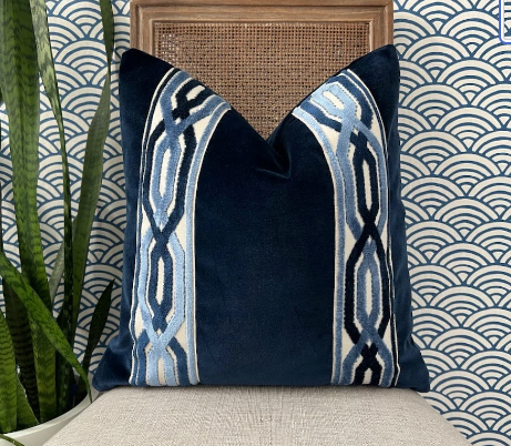 Midnight Blue Velvet Pillow with Woven Jacquard Tape.