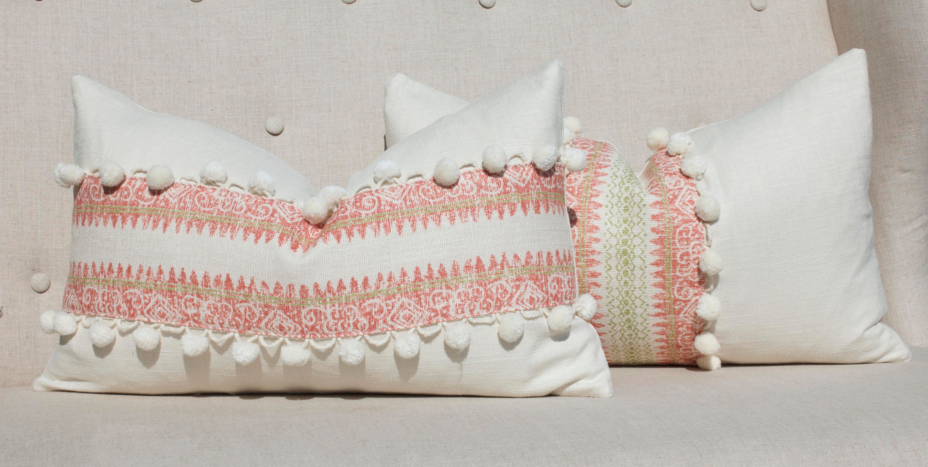 Boho Striped Pillow Cover in Coral and Lime Green embellished with Cream Ball Fringe.